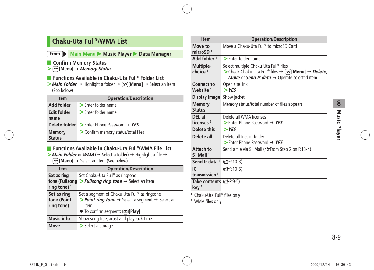 Music Player8-98Chaku-Uta Full®/WMA ListFrom Main Menu  Music Player  Data ManagerConfirm Memory Status ■ ＞[Menu]  Memory StatusFunctions Available in Chaku-Uta Full ■® Folder ListMain Folder ＞  Highlight a folder  [Menu]  Select an item  (See below)Item Operation/DescriptionAdd folder Enter folder name ＞Edit folder nameEnter folder name ＞Delete folder Enter Phone Password  ＞ YESMemory StatusConfirm memory status/total files ＞Functions Available in Chaku-Uta Full ■®/WMA File ListMain Folder  ＞or WMA ( Select a folder)  Highlight a file   [Menu]  Select an item (See below)Item Operation/DescriptionSet as ring tone (Fullsong ring tone) 1Set Chaku-Uta Full® as ringtoneFullsong ring tone ＞  Select an itemSet as ring tone (Point ring tone) 1Set a segment of Chaku-Uta Full® as ringtonePoint ring tone ＞  Select a segment  Select an itemTo confirm segment:  󱛠[Play]Music info Show song title, artist and playback timeMove 1Select a storage ＞Item Operation/DescriptionMove to microSD 1 Move a Chaku-Uta Full® to microSD CardAdd folder 1Enter folder name ＞Multiple-choice 1Select multiple Chaku-Uta Full® filesCheck Chaku-Uta Full ＞® files  [Menu]  Delete, Move or Send Ir data  Operate selected itemConnect to Website 1Open site linkYES ＞Display imageShow jacketMemory StatusMemory status/total number of files appearsDEL all licenses 2Delete all WMA licensesEnter Phone Password  ＞ YESDelete thisYES ＞Delete all Delete all files in folderEnter Phone Password  ＞ YESAttach to  S! Mail 1Send a file via S! Mail ( From Step 2 on P.13-4)Send Ir data 1( P.10-3)IC  transmission 1( P.10-5)Take contents key 1( P.9-5)1 Chaku-Uta Full® files only2  WMA files onlyBEGIN_E_OI.indb   9 2009/12/14   16:30:43