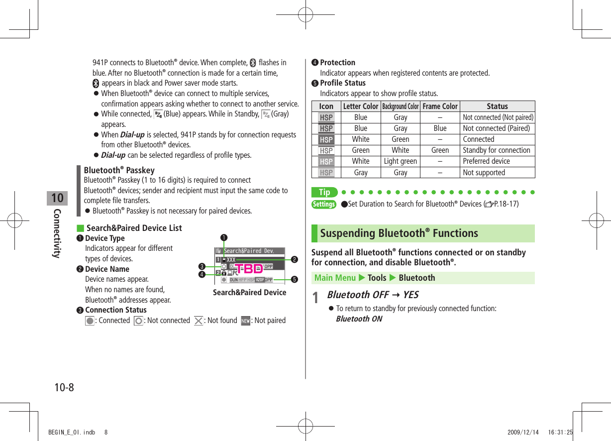Connectivity10-810941P connects to Bluetooth® device. When complete,   flashes in blue. After no Bluetooth® connection is made for a certain time,   appears in black and Power saver mode starts.When Bluetooth 󱛠® device can connect to multiple services, confirmation appears asking whether to connect to another service.While connected,  󱛠(Blue) appears. While in Standby,  (Gray) appears.When  󱛠Dial-up is selected, 941P stands by for connection requests from other Bluetooth® devices.Dial-up 󱛠 can be selected regardless of profile types.Bluetooth® PasskeyBluetooth® Passkey (1 to 16 digits) is required to connect  Bluetooth® devices; sender and recipient must input the same code to complete file transfers.Bluetooth 󱛠® Passkey is not necessary for paired devices.Search&amp;Paired Device List ■❶  Device Type Indicators appear for different  types of devices.❷  Device Name Device names appear. When no names are found,  Bluetooth® addresses appear.❸  Connection Status : Connected   : Not connected   : Not found   : Not pairedSearch&amp;Paired Device❷❺❸❹❶❹  Protection Indicator appears when registered contents are protected.❺  Profile Status Indicators appear to show profile status.IconLetter ColorBackground ColorFrame ColorStatusBlue Gray –Not connected (Not paired)Blue Gray Blue Not connected (Paired)White Green – ConnectedGreen White Green Standby for connectionWhite Light green – Preferred deviceGray Gray – Not supportedTipSettings  ●Set Duration to Search for Bluetooth® Devices ( P.18-17)Suspending Bluetooth® FunctionsSuspend all Bluetooth® functions connected or on standby for connection, and disable Bluetooth®.Main Menu  Tools  Bluetooth1 Bluetooth OFF  YESTo return to standby for previously connected function:   󱛠Bluetooth ONTBDBEGIN_E_OI.indb   8 2009/12/14   16:31:25