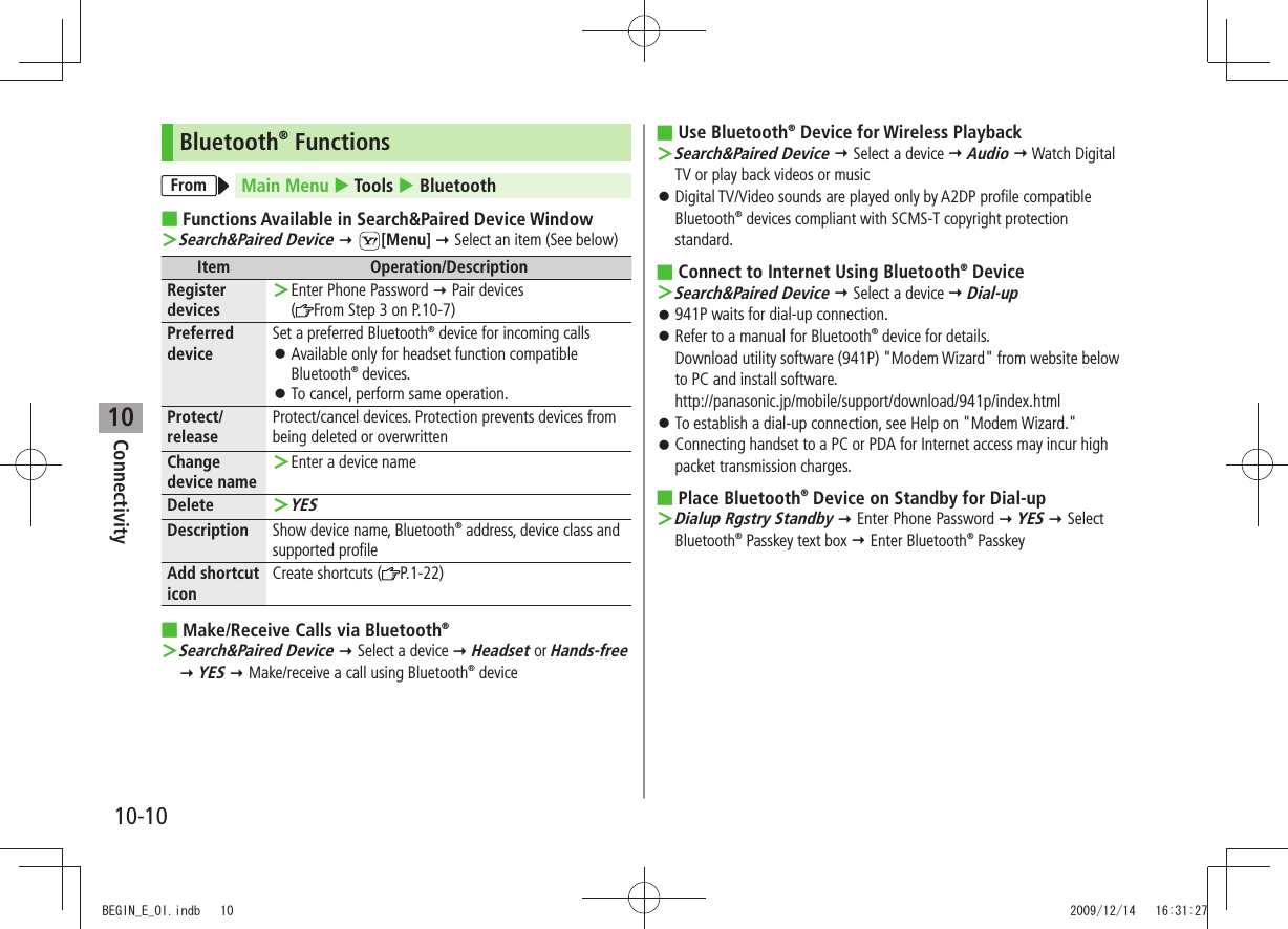 Connectivity10-1010Bluetooth® FunctionsFrom Main Menu  Tools  BluetoothFunctions Available in Search&amp;Paired Device Window ■Search&amp;Paired Device ＞  [Menu]  Select an item (See below)Item Operation/DescriptionRegister devicesEnter Phone Password  ＞ Pair devices  (From Step 3 on P.10-7)Preferred deviceSet a preferred Bluetooth® device for incoming callsAvailable only for headset function compatible  󱛠Bluetooth® devices.To cancel, perform same operation. 󱛠Protect/releaseProtect/cancel devices. Protection prevents devices from being deleted or overwrittenChange device nameEnter a device name ＞DeleteYES ＞Description Show device name, Bluetooth® address, device class and supported profileAdd shortcut iconCreate shortcuts ( P.1-22)Make/Receive Calls via Bluetooth ■®Search&amp;Paired Device ＞  Select a device  Headset or Hands-free  YES  Make/receive a call using Bluetooth® deviceUse Bluetooth ■® Device for Wireless PlaybackSearch&amp;Paired Device ＞  Select a device  Audio  Watch Digital TV or play back videos or musicDigital TV/Video sounds are played only by A2DP profile compatible  󱛠Bluetooth® devices compliant with SCMS-T copyright protection standard.Connect to Internet Using Bluetooth ■® DeviceSearch&amp;Paired Device ＞  Select a device  Dial-up941P waits for dial-up connection. 󱛠Refer to a manual for Bluetooth 󱛠® device for details. Download utility software (941P) &quot;Modem Wizard&quot; from website below to PC and install software. http://panasonic.jp/mobile/support/download/941p/index.htmlTo establish a dial-up connection, see Help on &quot;Modem Wizard.&quot; 󱛠Connecting handset to a PC or PDA for Internet access may incur high  󱛠packet transmission charges.Place Bluetooth ■® Device on Standby for Dial-upDialup Rgstry Standby ＞  Enter Phone Password  YES  Select Bluetooth® Passkey text box  Enter Bluetooth® PasskeyBEGIN_E_OI.indb   10 2009/12/14   16:31:27