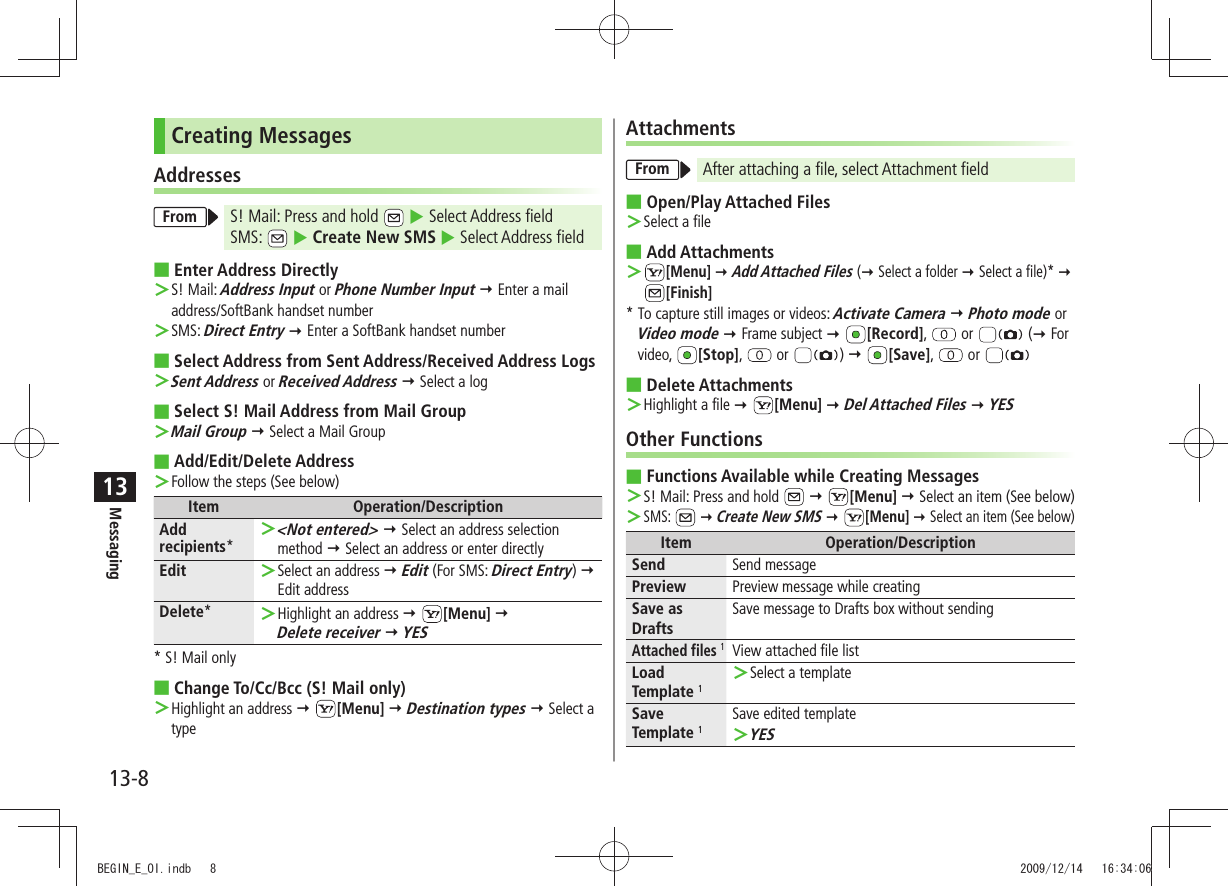 Messaging13-813Creating MessagesAddressesFrom S! Mail: Press and hold    Select Address fieldSMS:    Create New SMS  Select Address fieldEnter Address Directly S! Mail:  ＞Address Input or Phone Number Input  Enter a mail address/SoftBank handset numberSMS:  ＞Direct Entry  Enter a SoftBank handset numberSelect Address from Sent Address/Received Address Logs Sent Address ＞ or Received Address  Select a logSelect S! Mail Address from Mail Group Mail Group ＞  Select a Mail Group Add/Edit/Delete AddressFollow the steps (See below) ＞Item Operation/DescriptionAdd recipients*&lt;Not entered&gt;  ＞ Select an address selection  method  Select an address or enter directlyEdit Select an address  ＞ Edit (For SMS: Direct Entry)  Edit addressDelete*Highlight an address  ＞ [Menu]   Delete receiver  YES* S! Mail onlyChange To/Cc/Bcc (S! Mail only) Highlight an address  ＞ [Menu]  Destination types  Select a typeAttachmentsFrom After attaching a file, select Attachment fieldOpen/Play Attached Files Select a file  ＞ Add Attachments  ＞[Menu]  Add Attached Files ( Select a folder  Select a file)*  [Finish]*  To capture still images or videos: Activate Camera  Photo mode or Video mode  Frame subject  [Record],   or   ( For video,  [Stop],   or  )  [Save],   or  Delete AttachmentsHighlight a file  ＞ [Menu]  Del Attached Files  YESOther FunctionsFunctions Available while Creating Messages S! Mail: Press and hold  ＞  [Menu]  Select an item (See below)  ＞SMS:    Create New SMS  [Menu]  Select an item (See below)Item Operation/DescriptionSend Send messagePreview Preview message while creatingSave as DraftsSave message to Drafts box without sendingAttached files 1View attached file listLoad Template 1Select a template ＞Save Template 1Save edited templateYES ＞BEGIN_E_OI.indb   8 2009/12/14   16:34:06