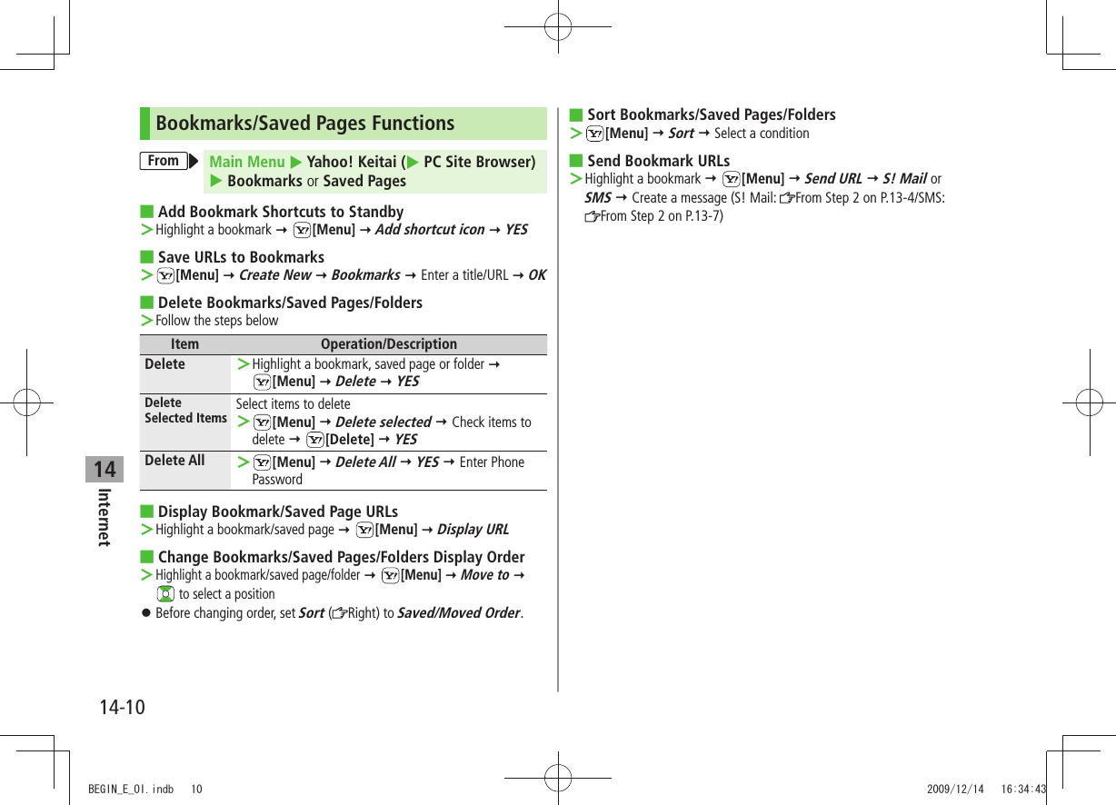 Internet14-1014Bookmarks/Saved Pages FunctionsFrom Main Menu  Yahoo! Keitai ( PC Site Browser)  Bookmarks or Saved PagesAdd Bookmark Shortcuts to Standby Highlight a bookmark  ＞ [Menu]  Add shortcut icon  YESSave URLs to Bookmarks  ＞[Menu]  Create New  Bookmarks  Enter a title/URL  OKDelete Bookmarks/Saved Pages/Folders Follow the steps below ＞Item Operation/DescriptionDelete Highlight a bookmark, saved page or folder ＞   [Menu]  Delete  YESDelete Selected Items Select items to delete ＞[Menu]  Delete selected  Check items to delete  [Delete]  YESDelete All  ＞[Menu]  Delete All  YES  Enter Phone PasswordDisplay Bookmark/Saved Page URLs Highlight a bookmark/saved page ＞  [Menu]  Display URLChange Bookmarks/Saved Pages/Folders Display Order Highlight a bookmark/saved page/folder ＞  [Menu]  Move to    to select a positionBefore changing order, set  󱛠Sort ( Right) to Saved/Moved Order.Sort Bookmarks/Saved Pages/Folders  ＞[Menu]  Sort  Select a conditionSend Bookmark URLs  Highlight a bookmark  ＞ [Menu]  Send URL  S! Mail or  SMS  Create a message (S! Mail:  From Step 2 on P.13-4/SMS:  From Step 2 on P.13-7)BEGIN_E_OI.indb   10 2009/12/14   16:34:43