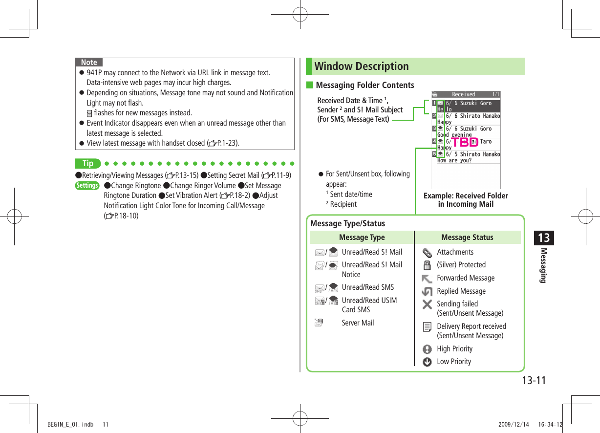 Messaging13-1113Note941P may connect to the Network via URL link in message text.  󱛠Data-intensive web pages may incur high charges.Depending on situations, Message tone may not sound and Notification  󱛠Light may not flash.  flashes for new messages instead.Event Indicator disappears even when an unread message other than  󱛠latest message is selected.View latest message with handset closed ( 󱛠P.1-23).TipRetrieving/Viewing Messages ( P.13-15) Setting Secret Mail ( P.11-9)Settings  Change Ringtone Change Ringer Volume Set Message Ringtone Duration Set Vibration Alert ( P.18-2) Adjust Notification Light Color Tone for Incoming Call/Message  (P.18-10)Window DescriptionMessaging Folder Contents Received Date &amp; Time 1,  Sender 2 and S! Mail Subject  (For SMS, Message Text)  󱛠For Sent/Unsent box, following appear: 1 Sent date/time 2 Recipient Example: Received Folder  in Incoming MailMessage Type/StatusUnread/Read S! MailUnread/Read S! Mail NoticeUnread/Read SMSUnread/Read USIM Card SMSServer MailAttachments(Silver) ProtectedForwarded MessageReplied MessageSending failed (Sent/Unsent Message)Delivery Report received (Sent/Unsent Message)High PriorityLow PriorityMessage Type Message Status////TBDBEGIN_E_OI.indb   11 2009/12/14   16:34:12