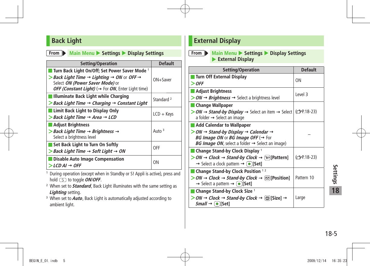 18-5Settings18Back LightFrom Main Menu  Settings  Display SettingsSetting/Operation DefaultTurn Back Light On/Off; Set Power Saver Mode  ■1Back Light Time ＞  Lighting  ON or OFF   Select ON (Power Saver Mode) or  OFF (Constant Light) ( For ON, Enter Light time)ON+SaverIlluminate Back Light while Charging ■Back Light Time ＞  Charging  Constant LightStandard 2Limit Back Light to Display Only ■Back Light Time ＞  Area  LCDLCD + KeysAdjust Brightness ■ ＞Back Light Time  Brightness   Select a brightness levelAuto 3Set Back Light to Turn On Softly ■Back Light Time ＞  Soft Light  ONOFFDisable Auto Image Compensation ■LCD AI ＞  OFFON1   During operation (except when in Standby or S! Appli is active), press and hold   to toggle ON/OFF.2   When set to Standard, Back Light illuminates with the same setting as Lighting setting.3   When set to Auto, Back Light is automatically adjusted according to ambient light.External DisplayFrom Main Menu  Settings  Display Settings   External DisplaySetting/Operation DefaultTurn Off External Display ■OFF ＞ONAdjust  ■BrightnessON ＞  Brightness  Select a brightness level Level 3Change  ■WallpaperON ＞  Stand-by Display  Select an item  Select a folder  Select an image(P.18-23)Add Calendar to Wallpaper ■ON ＞  Stand-by Display  Calendar   BG Image ON or BG Image OFF ( For  BG Image ON, select a folder  Select an image)–Change Stand-by  ■Clock Display 1ON ＞  Clock  Stand-by Clock  [Pattern]  Select a clock pattern  [Set](P.18-23)Change Stand-by Clock Position  ■1 2ON ＞  Clock  Stand-by Clock  [Position]  Select a pattern  [Set]Pattern 10Change Stand-by Clock Size  ■1ON ＞  Clock  Stand-by Clock  [Size]  Small  [Set]LargeBEGIN_E_OI.indb   5 2009/12/14   16:35:23