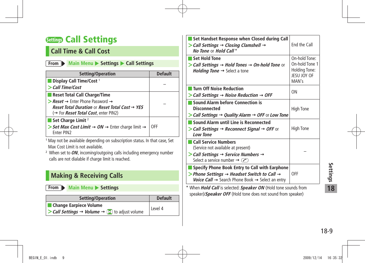 18-9Settings18SettingsCall SettingsCall Time &amp; Call CostFrom Main Menu  Settings  Call SettingsSetting/Operation DefaultDisplay  ■Call Time/Cost 1Call Time/Cost ＞–Reset  ■Total Call Charge/TimeReset ＞  Enter Phone Password   Reset Total Duration or Reset Total Cost  YES ( For Reset Total Cost, enter PIN2)–Set  ■Charge Limit 2Set Max Cost Limit ＞  ON  Enter charge limit  Enter PIN2OFF1  May not be available depending on subscription status. In that case, Set Max Cost Limit is not available.2   When set to ON, incoming/outgoing calls including emergency number calls are not dialable if charge limit is reached.Making &amp; Receiving CallsFrom Main Menu  SettingsSetting/Operation DefaultChange Earpiece Volume ■Call Settings ＞  Volume    to adjust volume Level 4Set Handset Response when Closed during Call ■Call Settings ＞  Closing Clamshell   No Tone or Hold Call *End the CallSet Hold Tone ■Call Settings ＞  Hold Tones  On-hold Tone or Holding Tone  Select a toneOn-hold Tone: On-hold Tone 1Holding Tone: JESU JOY OF MAN&apos;sTurn Off Noise Reduction  ■Call Settings ＞  Noise Reduction  OFFONSound Alarm before Connection is  ■DisconnectedCall Settings ＞  Quality Alarm  OFF or Low ToneHigh ToneSound Alarm until Line is Reconnected ■Call Settings ＞  Reconnect Signal  OFF or  Low ToneHigh ToneCall Service Numbers   ■(Service not available at present)Call Settings ＞  Service Numbers   Select a service number  –Specify Phone Book Entry to Call with Earphone ■Phone Settings ＞  Headset Switch to Call   Voice Call  Search Phone Book  Select an entryOFF*  When Hold Call is selected: Speaker ON (Hold tone sounds from speaker)/Speaker OFF (Hold tone does not sound from speaker)BEGIN_E_OI.indb   9 2009/12/14   16:35:32