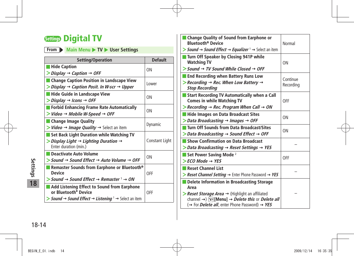 18-14Settings18SettingsDigital TVFrom Main Menu  TV  User SettingsSetting/Operation DefaultHide Caption ■Display ＞  Caption  OFFONChange Caption Position in Landscape View ■Display ＞  Caption Posit. In W-scr  UpperLowerHide Guide in Landscape View ■Display ＞  Icons  OFFONForbid Enhancing Frame Rate Automatically ■Video ＞  Mobile W-Speed  OFFONChange Image Quality ■Video ＞  Image Quality  Select an item DynamicSet Back Light Duration while Watching TV ■Display Light ＞  Lighting Duration    Enter duration (min.)Constant LightDeactivate Auto Volume ■Sound ＞  Sound Effect  Auto Volume  OFFONRemaster Sounds from Earphone or Bluetooth ■® DeviceSound ＞  Sound Effect  Remaster 1  ONOFFAdd Listening Effect to Sound from Earphone  ■or Bluetooth® DeviceSound ＞  Sound Effect  Listening 1  Select an itemOFFChange Quality of Sound from Earphone or  ■Bluetooth® DeviceSound ＞  Sound Effect  Equalizer 1  Select an itemNormalTurn Off Speaker by Closing 941P while  ■Watching TVSound ＞  TV Sound While Closed  OFFONEnd Recording when Battery Runs Low ■Recording ＞  Rec. When Low Battery   Stop RecordingContinue RecordingStart Recording TV Automatically when a Call  ■Comes in while Watching TVRecording ＞  Rec. Program When Call  ONOFFHide Images on Data Broadcast Sites ■Data Broadcasting ＞  Images  OFFONTurn Off Sounds from Data Broadcast/Sites ■Data Broadcasting ＞  Sound Effect  OFFONShow Confirmation on Data Broadcast ■Data Broadcasting ＞  Reset Settings  YES–Set Power Saving Mode ■ 2ECO Mode ＞  YESOFFReset Channel List ■Reset Channel Setting ＞  Enter Phone Password  YES–Delete Information in Broadcasting Storage  ■AreaReset Storage Area ＞  (Highlight an affiliated channel )  [Menu]  Delete this or Delete all ( For Delete all, enter Phone Password)  YES–BEGIN_E_OI.indb   14 2009/12/14   16:35:35