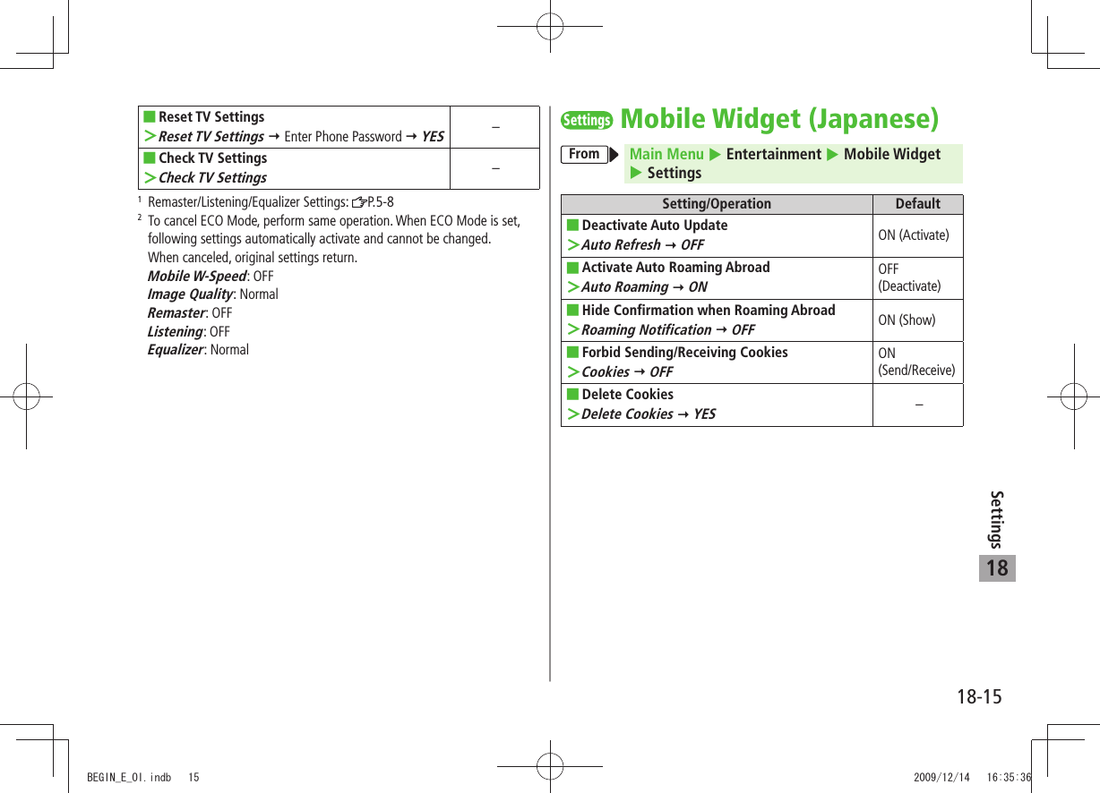 18-15Settings18Reset  ■TV SettingsReset TV Settings ＞  Enter Phone Password  YES–Check TV Settings ■Check TV Settings ＞–1 Remaster/Listening/Equalizer Settings:  P.5-82   To cancel ECO Mode, perform same operation. When ECO Mode is set, following settings automatically activate and cannot be changed.  When canceled, original settings return. Mobile W-Speed: OFF Image Quality: Normal Remaster: OFF Listening: OFF Equalizer: NormalSettingsMobile Widget (Japanese)From Main Menu  Entertainment  Mobile Widget  SettingsSetting/Operation DefaultDeactivate Auto Update ■Auto Refresh ＞  OFFON (Activate)Activate Auto Roaming Abroad ■Auto Roaming ＞  ONOFF (Deactivate)Hide Confirmation when Roaming Abroad ■Roaming Notification ＞  OFFON (Show)Forbid Sending/Receiving Cookies ■Cookies ＞  OFFON  (Send/Receive) ■Delete CookiesDelete Cookies ＞  YES–BEGIN_E_OI.indb   15 2009/12/14   16:35:36