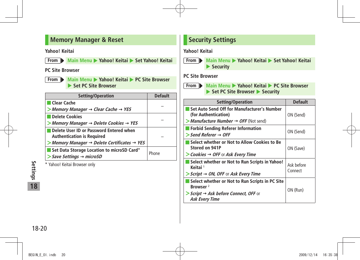 18-20Settings18Memory Manager &amp; ResetYahoo! KeitaiFrom Main Menu  Yahoo! Keitai  Set Yahoo! KeitaiPC Site BrowserFrom Main Menu  Yahoo! Keitai  PC Site Browser   Set PC Site BrowserSetting/Operation DefaultClear Cache ■ ＞Memory Manager  Clear Cache  YES– ■Delete CookiesMemory Manager ＞  Delete Cookies  YES–Delete User ID or Password Entered when  ■Authentication is RequiredMemory Manager ＞  Delete Certificates  YES–Set Data Storage Location to microSD Card ■*Save Settings ＞  microSDPhone* Yahoo! Keitai Browser onlySecurity SettingsYahoo! KeitaiFrom Main Menu  Yahoo! Keitai  Set Yahoo! Keitai   SecurityPC Site BrowserFrom Main Menu  Yahoo! Keitai  PC Site Browser   Set PC Site Browser  SecuritySetting/Operation DefaultSet Auto Send Off for Manufacturer&apos;s Number  ■(for Authentication) ＞Manufacture Number  OFF (Not send)ON (Send)Forbid Sending  ■Referer InformationSend Referer ＞  OFFON (Send)Select whether or Not to Allow Cookies to Be  ■Stored on 941PCookies ＞  OFF or Ask Every TimeON (Save)Select whether or Not to Run Scripts in Yahoo!  ■Keitai 1 ＞Script  ON, OFF or Ask Every TimeAsk before ConnectSelect whether or Not to Run Scripts in PC Site  ■Browser 2Script ＞  Ask before Connect, OFF or  Ask Every TimeON (Run)BEGIN_E_OI.indb   20 2009/12/14   16:35:38