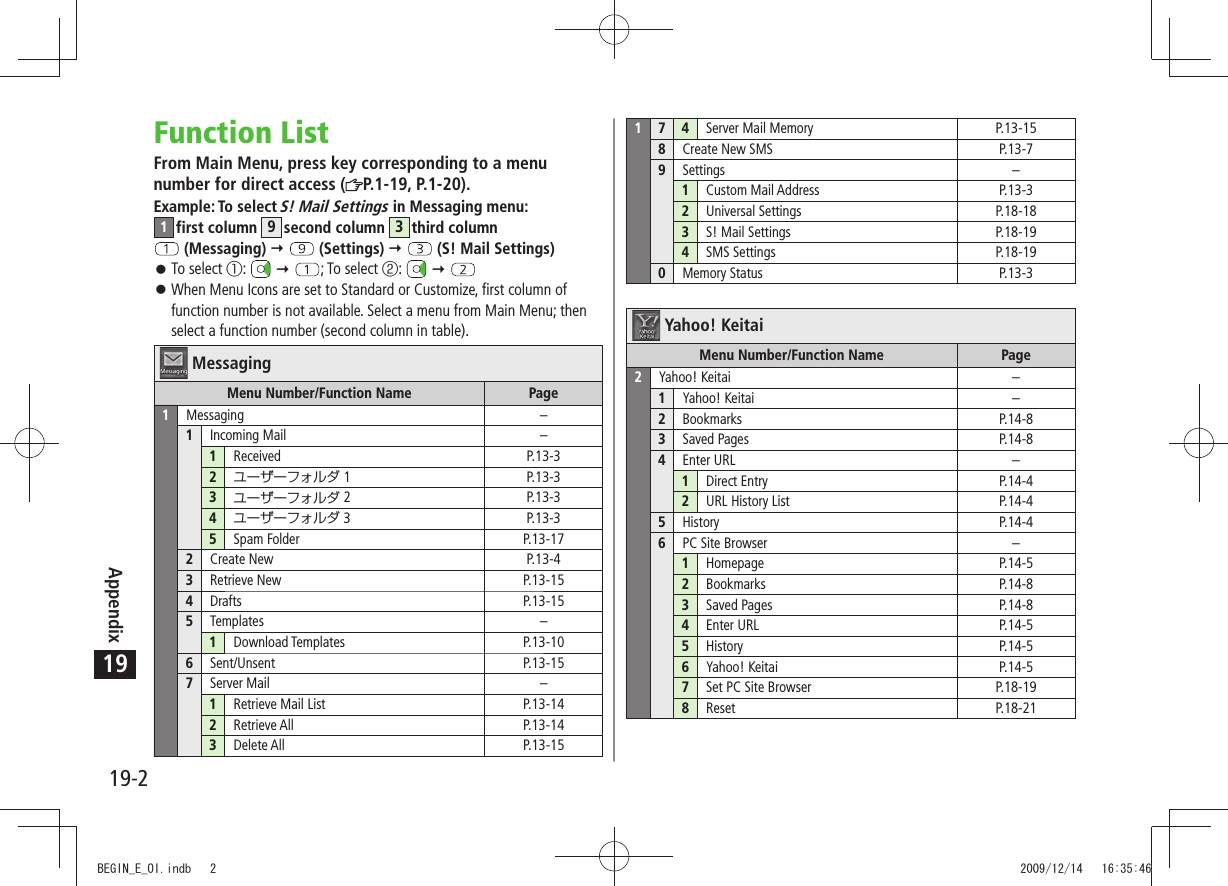 Appendix19-219Function ListFrom Main Menu, press key corresponding to a menu number for direct access ( P.1-19, P.1-20).Example: To select S! Mail Settings in Messaging menu:  1first column 9second column 3third column  (Messaging)    (Settings)    (S! Mail Settings)To select  󱛠󰒄:    ; To select 󰒅:    When Menu Icons are set to Standard or Customize, first column of  󱛠function number is not available. Select a menu from Main Menu; then select a function number (second column in table).MessagingMenu Number/Function Name Page1Messaging –1Incoming Mail –1Received P.13-32 1 P.13-33 2 P.13-34 3 P.13-35Spam Folder P.13-172Create New P.13-43Retrieve New P.13-154Drafts P.13-155Templates –1Download Templates P.13-106Sent/Unsent P.13-157Server Mail –1Retrieve Mail List P.13-142Retrieve All P.13-143Delete All P.13-15174Server Mail Memory P.13-158Create New SMS P.13-79Settings –1Custom Mail Address P.13-32Universal Settings P.18-183S! Mail Settings P.18-194SMS Settings P.18-190Memory Status P.13-3Yahoo! KeitaiMenu Number/Function Name Page2Yahoo! Keitai –1Yahoo! Keitai –2Bookmarks P.14-83Saved Pages P.14-84Enter URL –1Direct Entry P.14-42URL History List P.14-45History P.14-46PC Site Browser –1Homepage P.14-52Bookmarks P.14-83Saved Pages P.14-84Enter URL P.14-55History P.14-56Yahoo! Keitai P.14-57Set PC Site Browser P.18-198Reset P.18-21BEGIN_E_OI.indb   2 2009/12/14   16:35:46