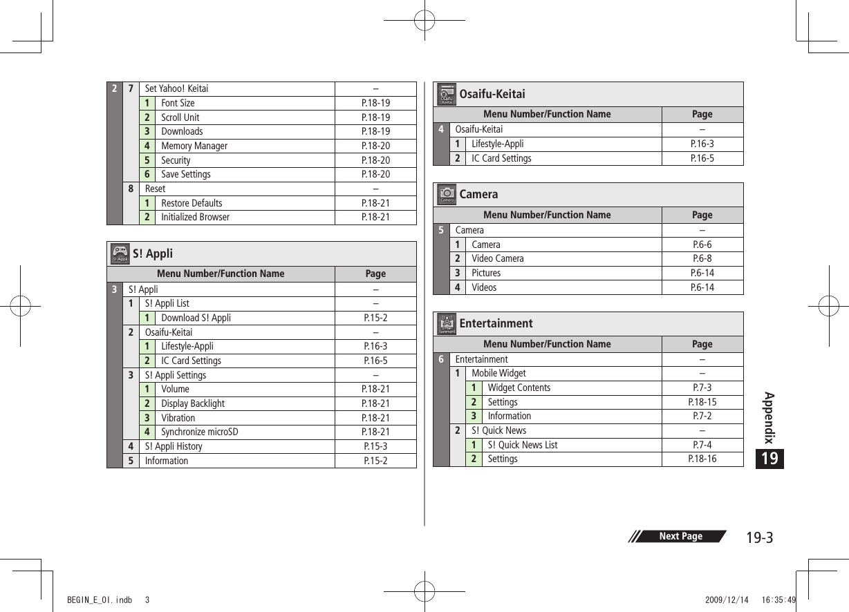 Appendix19-31927Set Yahoo! Keitai –1Font Size P.18-192Scroll Unit P.18-193Downloads P.18-194Memory Manager P.18-205Security P.18-206Save Settings P.18-208Reset –1Restore Defaults P.18-212Initialized Browser P.18-21S! AppliMenu Number/Function Name Page3S! Appli –1S! Appli List –1Download S! Appli P.15-22Osaifu-Keitai –1Lifestyle-Appli P.16-32IC Card Settings P.16-53S! Appli Settings –1Volume P.18-212Display Backlight P.18-213Vibration P.18-214Synchronize microSD P.18-214S! Appli History P.15-35Information P.15-2Osaifu-KeitaiMenu Number/Function Name Page4Osaifu-Keitai –1Lifestyle-Appli P.16-32IC Card Settings P.16-5CameraMenu Number/Function Name Page5Camera –1Camera P.6-62Video Camera P.6-83Pictures P.6-144Videos P.6-14EntertainmentMenu Number/Function Name Page6Entertainment –1Mobile Widget –1Widget Contents P.7-32Settings P.18-153Information P.7-22S! Quick News –1S! Quick News List P.7-42Settings P.18-16Next PageBEGIN_E_OI.indb   3 2009/12/14   16:35:49