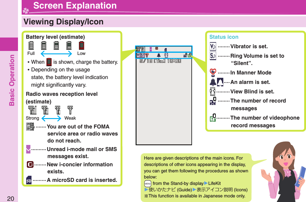 Basic Operation20  Viewing Display/Icon Battery level (estimate)      Full    Low ⿠When   is shown, charge the battery. ⿠Depending on the usage state, the battery level indication might signiﬁ cantly vary. Radio waves reception level (estimate)     Strong    Weak ·······  You are out of the FOMA service area or radio waves do not reach. ··········Unread i-mode mail or SMS messages exist.········New i-concier information exists. ·········A microSD card is inserted.Here are given descriptions of the main icons. For descriptions of other icons appearing in the display, you can get them following the procedures as shown below: +m from the Stand-by display󱚤LifeKit󱚤使いかたナビ (Guide)󱚤表示アイコン説明 (Icons)※This function is available in Japanese mode only. Screen Explanation Status icon ········Vibrator is set. ········Ring Volume is set to “Silent”. ········In Manner Mode ····An alarm is set. ·········View Blind is set. ········The number of record messages ·········The number of videophone record messages