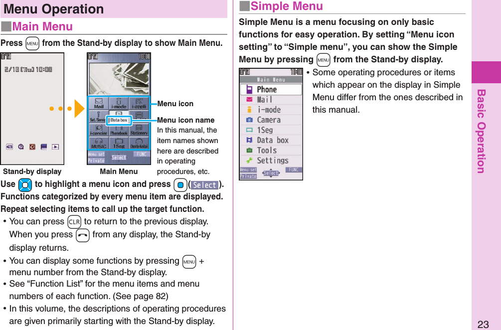 Basic Operation23Menu Operation■Main MenuPress +m from the Stand-by display to show Main Menu.Use +Mo to highlight a menu icon and press +Oo( ). Functions categorized by every menu item are displayed.  Repeat selecting items to call up the target function. ⿠You can press -r to return to the previous display.When you press -h from any display, the Stand-by display returns. ⿠You can display some functions by pressing +m + menu number from the Stand-by display. ⿠See “Function List” for the menu items and menu numbers of each function. (See page 82) ⿠In this volume, the descriptions of operating procedures are given primarily starting with the Stand-by display. Simple Menu is a menu focusing on only basic functions for easy operation. By setting “Menu icon setting” to “Simple menu”, you can show the Simple Menu by pressing +m from the Stand-by display. ⿠Some operating procedures or items which appear on the display in Simple Menu differ from the ones described in this manual.■Simple MenuMenu iconMenu icon nameIn this manual, the item names shown here are described in operating procedures, etc.Stand-by display Main Menu