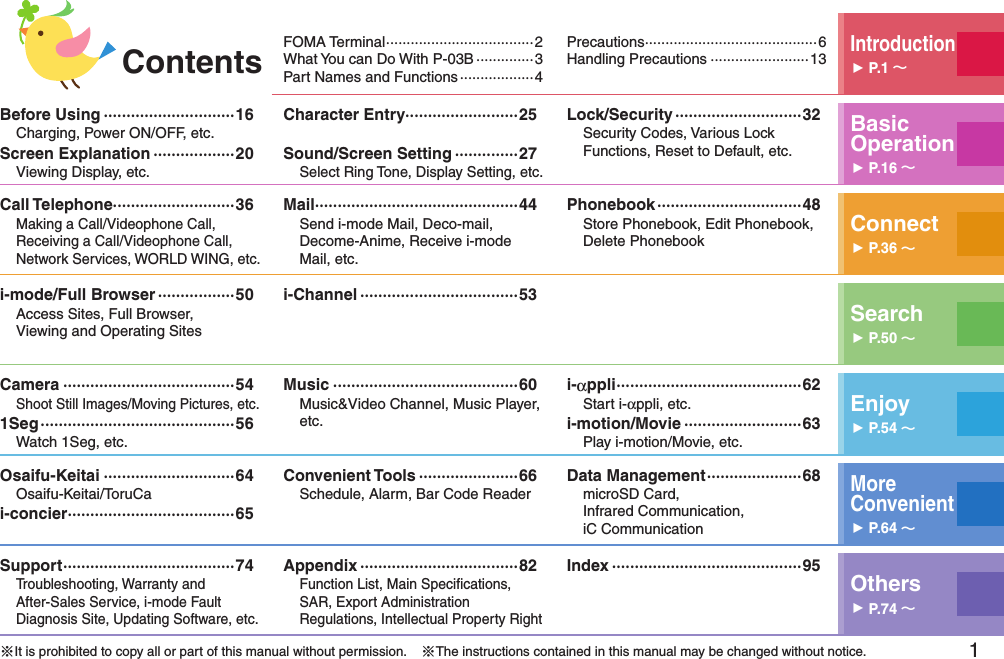 1 FOMA Terminal ····································2What You can Do With P-03B ··············3Part Names and Functions ··················4 Precautions ··········································6Handling Precautions ························13Introduction󱚤P.1 Before Using ·····························16Charging, Power ON/OFF, etc.Screen Explanation ··················20Viewing Display, etc.Character Entry·························25Sound/Screen Setting ··············27Select Ring Tone, Display Setting, etc.Lock/Security ····························32Security Codes, Various Lock Functions, Reset to Default, etc.Basic Operation󱚤P.16 Call Telephone···························36Making a Call/Videophone Call, Receiving a Call/Videophone Call, Network Services, WORLD WING, etc.Mail ·············································44Send i-mode Mail, Deco-mail, Decome-Anime, Receive i-mode Mail, etc.Phonebook ································48Store Phonebook, Edit Phonebook, Delete Phonebook Connect󱚤P.36 i-mode/Full Browser ·················50Access Sites, Full Browser,  Viewing and Operating Sitesi-Channel ···································53Search󱚤P.50 Camera ······································54Shoot Still Images/Moving Pictures, etc.1Seg ···········································56Watch 1Seg, etc.Music ·········································60Music&amp;Video Channel, Music Player, etc.i-αppli ·········································62Start i-αppli, etc.i-motion/Movie ··························63Play i-motion/Movie, etc.Enjoy󱚤P.54 Osaifu-Keitai ·····························64Osaifu-Keitai/ToruCai-concier ·····································65Convenient Tools ······················66Schedule, Alarm, Bar Code ReaderData Management ·····················68microSD Card,  Infrared Communication,  iC CommunicationMore  Convenient󱚤P.64 Support ······································74Troubleshooting, Warranty and  After-Sales Service, i-mode Fault Diagnosis Site, Updating Software, etc.Appendix ···································82Function List, Main Speciﬁcations, SAR, Export Administration Regulations, Intellectual Property RightIndex ··········································95Others󱚤P.74 ※It is prohibited to copy all or part of this manual without permission.    ※The instructions contained in this manual may be changed without notice.Contents
