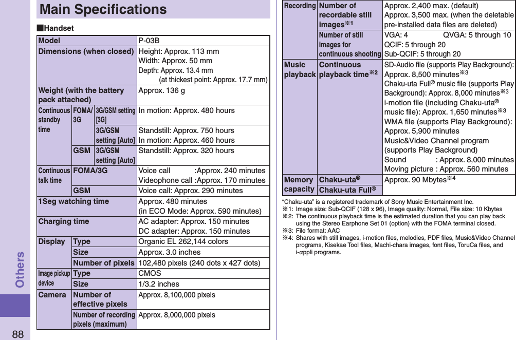 88OthersMain Speciﬁcations HandsetModel P-03BDimensions (when closed) Height: Approx. 113 mmWidth: Approx. 50 mmDepth: Approx. 13.4 mm (at thickest point: Approx. 17.7 mm)Weight (with the battery pack attached)Approx. 136 gContinuous standby timeFOMA/ 3G3G/GSM setting [3G]In motion: Approx. 480 hours3G/GSM setting [Auto]Standstill: Approx. 750 hoursIn motion: Approx. 460 hoursGSM3G/GSM setting [Auto]Standstill: Approx. 320 hoursContinuous talk timeFOMA/3G Voice call  :Approx. 240 minutesVideophone call :Approx. 170 minutesGSM Voice call: Approx. 290 minutes1Seg watching time Approx. 480 minutes(in ECO Mode: Approx. 590 minutes)Charging time AC adapter: Approx. 150 minutesDC adapter: Approx. 150 minutesDisplay Type Organic EL 262,144 colorsSize Approx. 3.0 inchesNumber of pixels 102,480 pixels (240 dots x 427 dots)Image pickup deviceType CMOSSize 1/3.2 inchesCamera Number of effective pixelsApprox. 8,100,000 pixelsNumber of recording pixels (maximum)Approx. 8,000,000 pixelsRecordingNumber of recordable still images1Approx. 2,400 max. (default)Approx. 3,500 max. (when the deletable pre-installed data ﬁles are deleted)Number of still images for continuous shootingVGA: 4  QVGA: 5 through 10QCIF: 5 through 20 Sub-QCIF: 5 through 20Music playbackContinuous playback time2SD-Audio ﬁle (supports Play Background):Approx. 8,500 minutes※3Chaku-uta Full® music file (supports Play Background): Approx. 8,000 minutes※3i-motion ﬁle (including Chaku-uta® music ﬁle): Approx. 1,650 minutes※3WMA ﬁle (supports Play Background):  Approx. 5,900 minutesMusic&amp;Video Channel program (supports Play Background) Sound  : Approx. 8,000 minutes Moving picture : Approx. 560 minutesMemory capacityChaku-uta®Approx. 90 Mbytes※4Chaku-uta Full®“Chaku-uta” is a registered trademark of Sony Music Entertainment Inc.※1:  Image size: Sub-QCIF (128 x 96), Image quality: Normal, File size: 10 Kbytes※2:  The continuous playback time is the estimated duration that you can play back using the Stereo Earphone Set 01 (option) with the FOMA terminal closed.※3:  File format: AAC※4:  Shares with still images, i-motion ﬁles, melodies, PDF ﬁles, Music&amp;Video Channel programs, Kisekae Tool ﬁles, Machi-chara images, font ﬁles, ToruCa ﬁles, and i-αppli programs.