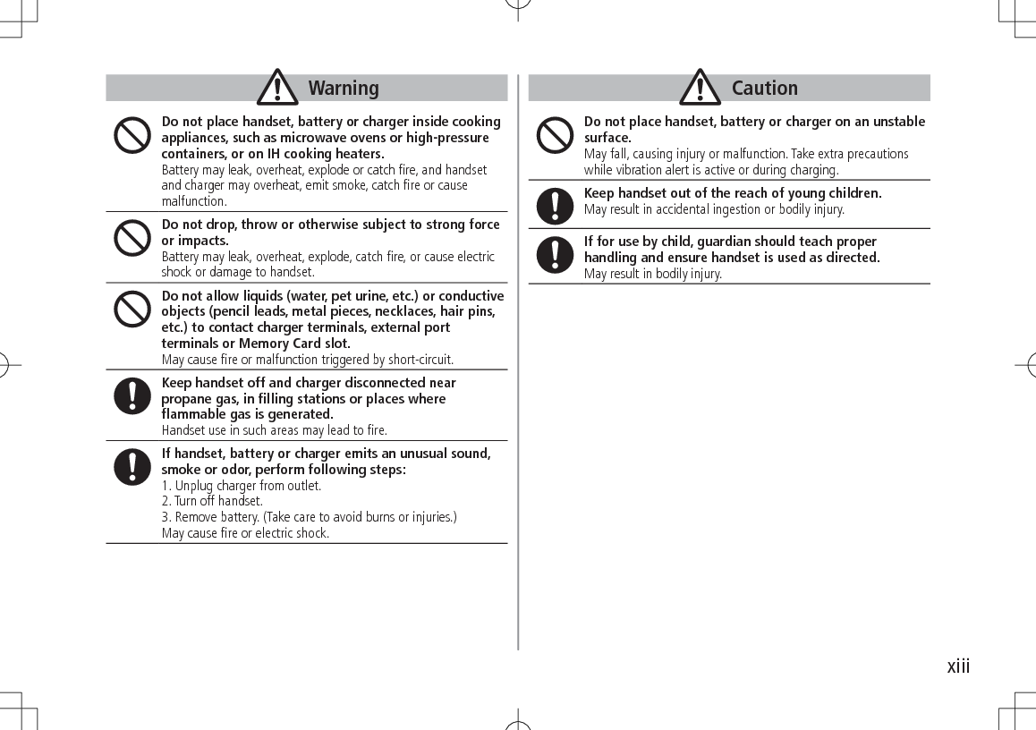 xiiiWarningDo not place handset, battery or charger inside cooking appliances, such as microwave ovens or high-pressure containers, or on IH cooking heaters.Battery may leak, overheat, explode or catch fire, and handset and charger may overheat, emit smoke, catch fire or cause malfunction.Do not drop, throw or otherwise subject to strong force or impacts.Battery may leak, overheat, explode, catch fire, or cause electric shock or damage to handset.Do not allow liquids (water, pet urine, etc.) or conductive objects (pencil leads, metal pieces, necklaces, hair pins, etc.) to contact charger terminals, external port terminals or Memory Card slot.May cause fire or malfunction triggered by short-circuit.Keep handset off and charger disconnected near propane gas, in filling stations or places where flammable gas is generated.Handset use in such areas may lead to fire.If handset, battery or charger emits an unusual sound, smoke or odor, perform following steps:1. Unplug charger from outlet.2. Turn off handset.3. Remove battery. (Take care to avoid burns or injuries.)May cause fire or electric shock.CautionDo not place handset, battery or charger on an unstable surface. May fall, causing injury or malfunction. Take extra precautions while vibration alert is active or during charging.Keep handset out of the reach of young children.May result in accidental ingestion or bodily injury.If for use by child, guardian should teach proper handling and ensure handset is used as directed.May result in bodily injury.