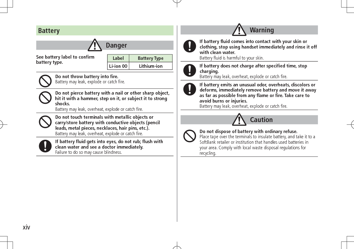 xivBatteryDangerSee battery label to confirm battery type.Do not throw battery into fire.Battery may leak, explode or catch fire.Do not pierce battery with a nail or other sharp object, hit it with a hammer, step on it, or subject it to strong shocks.Battery may leak, overheat, explode or catch fire.Do not touch terminals with metallic objects or  carry/store battery with conductive objects (pencil leads, metal pieces, necklaces, hair pins, etc.). Battery may leak, overheat, explode or catch fire.If battery fluid gets into eyes, do not rub; flush with clean water and see a doctor immediately.Failure to do so may cause blindness.Label Battery TypeLi-ion 00 Lithium-ionWarningIf battery fluid comes into contact with your skin or clothing, stop using handset immediately and rinse it off with clean water.Battery fluid is harmful to your skin.If battery does not charge after specified time, stop charging.Battery may leak, overheat, explode or catch fire.If battery emits an unusual odor, overheats, discolors or deforms, immediately remove battery and move it away as far as possible from any flame or fire. Take care to avoid burns or injuries.Battery may leak, overheat, explode or catch fire.CautionDo not dispose of battery with ordinary refuse.Place tape over the terminals to insulate battery, and take it to a SoftBank retailer or institution that handles used batteries in your area. Comply with local waste disposal regulations for recycling.