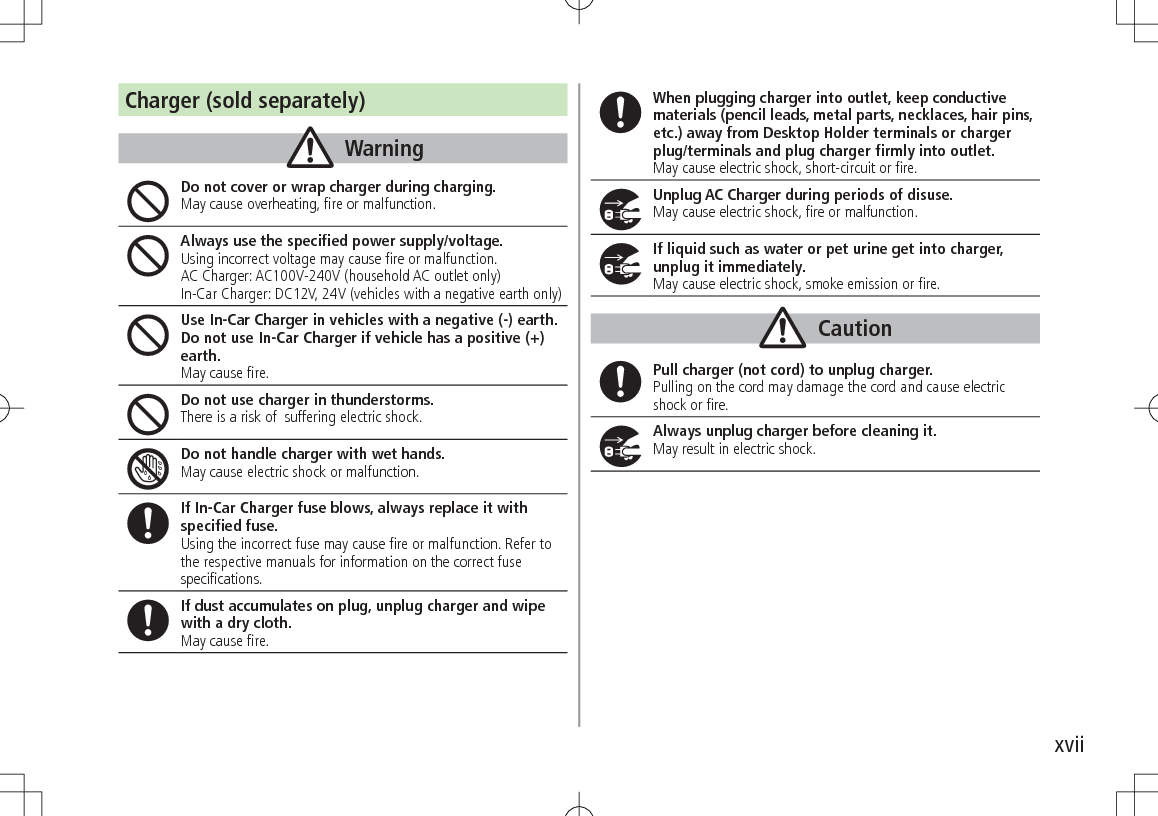 xviiCharger (sold separately)WarningDo not cover or wrap charger during charging.May cause overheating, fire or malfunction.Always use the specified power supply/voltage.Using incorrect voltage may cause fire or malfunction. AC Charger: AC100V-240V (household AC outlet only) In-Car Charger: DC12V, 24V (vehicles with a negative earth only)Use In-Car Charger in vehicles with a negative (-) earth. Do not use In-Car Charger if vehicle has a positive (+) earth.May cause fire.Do not use charger in thunderstorms.There is a risk of  suffering electric shock.Do not handle charger with wet hands.May cause electric shock or malfunction.If In-Car Charger fuse blows, always replace it with specified fuse.Using the incorrect fuse may cause fire or malfunction. Refer to the respective manuals for information on the correct fuse specifications.If dust accumulates on plug, unplug charger and wipe with a dry cloth.May cause fire.When plugging charger into outlet, keep conductive materials (pencil leads, metal parts, necklaces, hair pins, etc.) away from Desktop Holder terminals or charger plug/terminals and plug charger firmly into outlet.May cause electric shock, short-circuit or fire.Unplug AC Charger during periods of disuse.May cause electric shock, fire or malfunction.If liquid such as water or pet urine get into charger, unplug it immediately.May cause electric shock, smoke emission or fire.CautionPull charger (not cord) to unplug charger.Pulling on the cord may damage the cord and cause electric shock or fire.Always unplug charger before cleaning it.May result in electric shock.