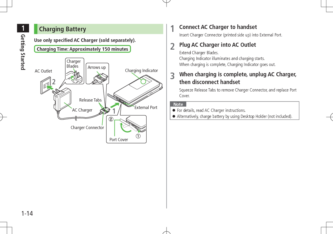 1Getting Started1-14Charging BatteryUse only specified AC Charger (sold separately).Charging Time: Approximately 150 minutes Charging IndicatorExternal PortPort CoverAC OutletChargerBlades2Release TabsAC ChargerCharger ConnectorArrows up11 Connect AC Charger to handsetInsert Charger Connector (printed side up) into External Port.2 Plug AC Charger into AC OutletExtend Charger Blades.Charging Indicator illuminates and charging starts.When charging is complete, Charging Indicator goes out.3 When charging is complete, unplug AC Charger, then disconnect handsetSqueeze Release Tabs to remove Charger Connector, and replace Port Cover.Note 󱛠For details, read AC Charger instructions. 󱛠Alternatively, charge battery by using Desktop Holder (not included).