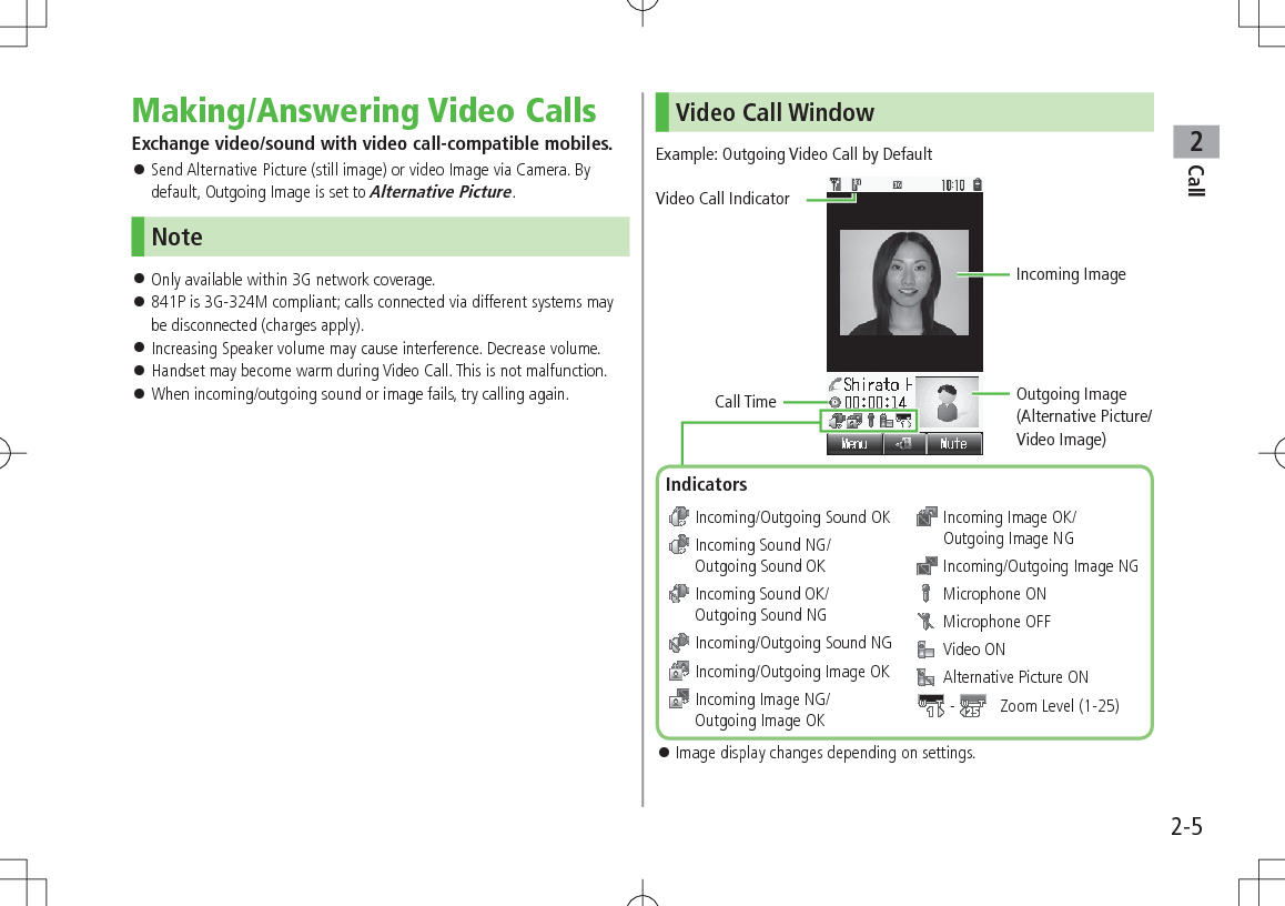 Call22-5Making/Answering Video CallsExchange video/sound with video call-compatible mobiles. 󱛠Send Alternative Picture (still image) or video Image via Camera. By default, Outgoing Image is set to Alternative Picture.Note 󱛠Only available within 3G network coverage. 󱛠841P is 3G-324M compliant; calls connected via different systems may be disconnected (charges apply). 󱛠Increasing Speaker volume may cause interference. Decrease volume. 󱛠Handset may become warm during Video Call. This is not malfunction. 󱛠When incoming/outgoing sound or image fails, try calling again.Video Call WindowExample: Outgoing Video Call by Default 󱛠Image display changes depending on settings. Incoming/Outgoing Sound OK  Incoming Sound NG/Outgoing Sound OK  Incoming Sound OK/Outgoing Sound NG Incoming/Outgoing Sound NG Incoming/Outgoing Image OK  Incoming Image NG/Outgoing Image OK  Incoming Image OK/Outgoing Image NG Incoming/Outgoing Image NG  Microphone ON  Microphone OFF  Video ON  Alternative Picture ON -    Zoom Level (1-25)Call TimeVideo Call IndicatorIncoming ImageOutgoing Image(Alternative Picture/Video Image)Indicators