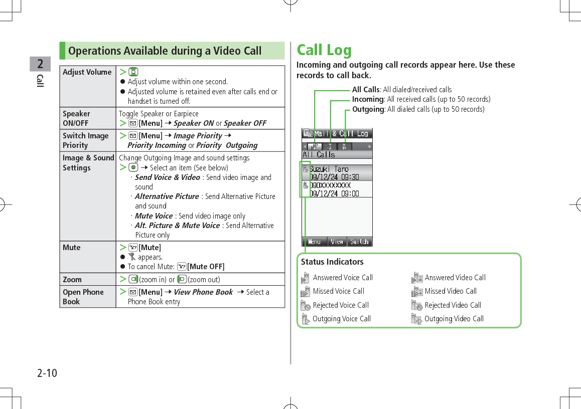 Call22-10Operations Available during a Video CallAdjust Volume  ＞ 󱛠Adjust volume within one second. 󱛠Adjusted volume is retained even after calls end or handset is turned off.Speaker ON/OFFToggle Speaker or Earpiece ＞A[Menu] 7 Speaker ON or Speaker OFFSwitch Image Priority ＞A[Menu] 7 Image Priority 7 Priority Incoming or Priority  OutgoingImage &amp; Sound SettingsChange Outgoing Image and sound settings ＞ 7 Select an item (See below)Send Voice &amp; Video : Send video image and soundAlternative Picture : Send Alternative Picture and soundMute Voice : Send video image onlyAlt. Picture &amp; Mute Voice : Send Alternative Picture onlyMute  ＞S[Mute] 󱛠 appears. 󱛠To cancel Mute: S[Mute OFF]Zoom  ＞(zoom in) or  (zoom out)Open Phone Book ＞A[Menu] 7 View Phone Book  7 Select a Phone Book entryCall LogIncoming and outgoing call records appear here. Use these records to call back.All Calls: All dialed/received callsIncoming: All received calls (up to 50 records)Outgoing: All dialed calls (up to 50 records)Status Indicators Answered Voice Call Missed Voice Call Rejected Voice Call Outgoing Voice Call Answered Video Call Missed Video Call Rejected Video Call Outgoing Video Call