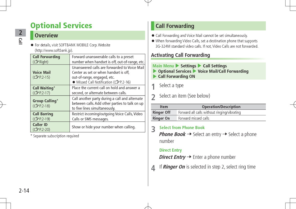 Call22-14Optional ServicesOverview 󱛠For details, visit SOFTBANK MOBILE Corp. Website  (http://www.softbank.jp).Call Forwarding(ZRight)Forward unanswerable calls to a preset number when handset is off, out-of-range, etc.Voice Mail(ZP.2-15)Unanswered calls are forwarded to Voice Mail Center as set or when handset is off,  out-of-range, engaged, etc. 󱛠Missed Call Notification (ZP.2-16)Call Waiting*(ZP.2-17)Place the current call on hold and answer a second, or alternate between calls.Group Calling*(ZP.2-18)Call another party during a call and alternate between calls. Add other parties to talk on up to five lines simultaneously.Call Barring(ZP.2-19)Restrict incoming/outgoing Voice Calls, Video Calls or SMS messages.Caller ID (ZP.2-20) Show or hide your number when calling.* Separate subscription requiredCall Forwarding 󱛠Call Forwarding and Voice Mail cannot be set simultaneously. 󱛠When forwarding Video Calls, set a destination phone that supports 3G-324M standard video calls. If not, Video Calls are not forwarded.Activating Call ForwardingMain Menu 4 Settings 4 Call Settings 4 Optional Services 4 Voice Mail/Call Forwarding 4 Call Forwarding ON1  Select a type2  Select an item (See below)Item Operation/DescriptionRinger Off Forward all calls without ringing/vibratingRinger On Forward missed calls3  Select from Phone BookPhone Book 7 Select an entry 7 Select a phone number Direct EntryDirect Entry 7 Enter a phone number4  If Ringer On is selected in step 2, select ring time