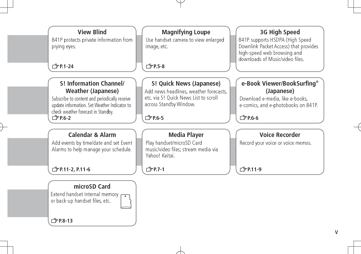 vMagnifying LoupeUse handset camera to view enlarged image, etc.ZP.5-83G High Speed841P supports HSDPA (High Speed Downlink Packet Access) that provides high-speed web browsing and downloads of Music/video ﬁles.S! Information Channel/Weather (Japanese)Subscribe to content and periodically receive update information. Set Weather Indicator to check weather forecast in Standby.ZP.6-2Calendar &amp; AlarmAdd events by time/date and set Event Alarms to help manage your schedule.ZP.11-2, P.11-6e-Book Viewer/BookSurﬁng®(Japanese)Download e-media, like e-books, e-comics, and e-photobooks on 841P.ZP.6-6Media PlayerPlay handset/microSD Card  music/video ﬁles; stream media via Yahoo! Keitai.ZP.7-1S! Quick News (Japanese)Add news headlines, weather forecasts, etc. via S! Quick News List to scroll across Standby Window.ZP.6-5Voice RecorderRecord your voice or voice memos.View Blind841P protects private information from prying eyes.ZP.1-24ZP.11-9microSD CardExtend handset internal memory  or back-up handset ﬁles, etc.ZP.8-13