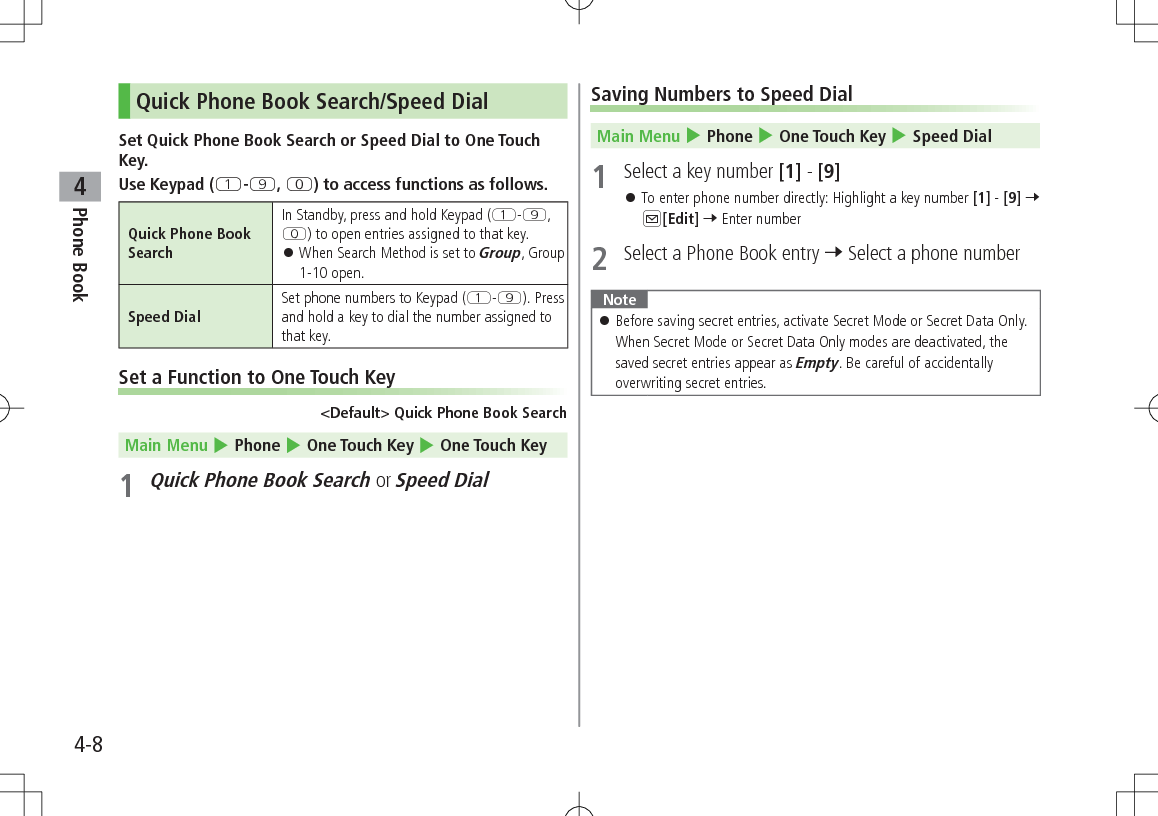 Phone Book44-8Quick Phone Book Search/Speed DialSet Quick Phone Book Search or Speed Dial to One Touch Key.Use Keypad (Q-O, P) to access functions as follows.Quick Phone Book SearchIn Standby, press and hold Keypad (Q-O, P) to open entries assigned to that key. 󱛠When Search Method is set to Group, Group 1-10 open.Speed DialSet phone numbers to Keypad (Q-O). Press and hold a key to dial the number assigned to that key.Set a Function to One Touch Key&lt;Default&gt; Quick Phone Book SearchMain Menu 4 Phone 4 One Touch Key 4 One Touch Key1 Quick Phone Book Search or Speed DialSaving Numbers to Speed DialMain Menu 4 Phone 4 One Touch Key 4 Speed Dial1  Select a key number [1] - [9] 󱛠To enter phone number directly: Highlight a key number [1] - [9] 7 A[Edit] 7 Enter number2  Select a Phone Book entry 7 Select a phone number Note 󱛠Before saving secret entries, activate Secret Mode or Secret Data Only. When Secret Mode or Secret Data Only modes are deactivated, the saved secret entries appear as Empty. Be careful of accidentally overwriting secret entries.