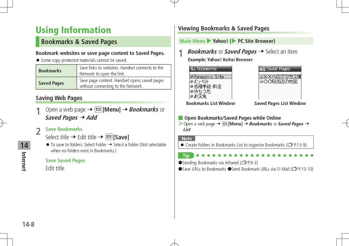 14-8Internet14Using InformationBookmarks &amp; Saved PagesBookmark websites or save page content to Saved Pages. 󱛠Some copy protected materials cannot be saved.Bookmarks Save links to websites. Handset connects to the Network to open the link.Saved Pages Save page content. Handset opens saved pages without connecting to the Network.Saving Web Pages1  Open a web page 7 A[Menu] 7 Bookmarks or Saved Pages 7 Add2  Save BookmarksSelect title 7 Edit title 7 A[Save] 󱛠To save to folders: Select Folder 7 Select a folder (Not selectable when no folders exist in Bookmarks.) Save Saved PagesEdit titleViewing Bookmarks &amp; Saved PagesMain Menu 4 Yahoo! (4 PC Site Browser)1 Bookmarks or Saved Pages 7 Select an itemExample: Yahoo! Keitai Browser Open Bookmarks/Saved Pages while Online ＞Open a web page 7 A[Menu] 7 Bookmarks or Saved Pages 7 ListNote 󱛠Create folders in Bookmarks List to organize Bookmarks (ZP.13-9).Tip#Sending Bookmarks via Infrared (ZP.9-3)#Save URLs to Bookmarks #Send Bookmark URLs via S! Mail (ZP.13-10)Saved Pages List WindowBookmarks List Window