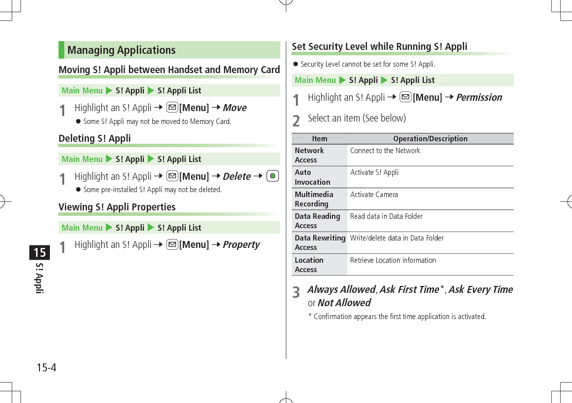 15-4S! Appli15Managing ApplicationsMoving S! Appli between Handset and Memory CardMain Menu 4 S! Appli 4 S! Appli List1  Highlight an S! Appli 7 A[Menu] 7 Move 󱛠Some S! Appli may not be moved to Memory Card.Deleting S! AppliMain Menu 4 S! Appli 4 S! Appli List1  Highlight an S! Appli 7 A[Menu] 7 Delete 7  󱛠Some pre-installed S! Appli may not be deleted.Viewing S! Appli PropertiesMain Menu 4 S! Appli 4 S! Appli List1  Highlight an S! Appli 7 A[Menu] 7 PropertySet Security Level while Running S! Appli 󱛠Security Level cannot be set for some S! Appli. Main Menu 4 S! Appli 4 S! Appli List 1  Highlight an S! Appli 7 A[Menu] 7 Permission2  Select an item (See below)Item Operation/DescriptionNetwork AccessConnect to the NetworkAuto InvocationActivate S! AppliMultimedia RecordingActivate CameraData Reading AccessRead data in Data FolderData Rewriting AccessWrite/delete data in Data FolderLocation AccessRetrieve Location information3 Always Allowed, Ask First Time*, Ask Every Time or Not Allowed* Confirmation appears the first time application is activated.