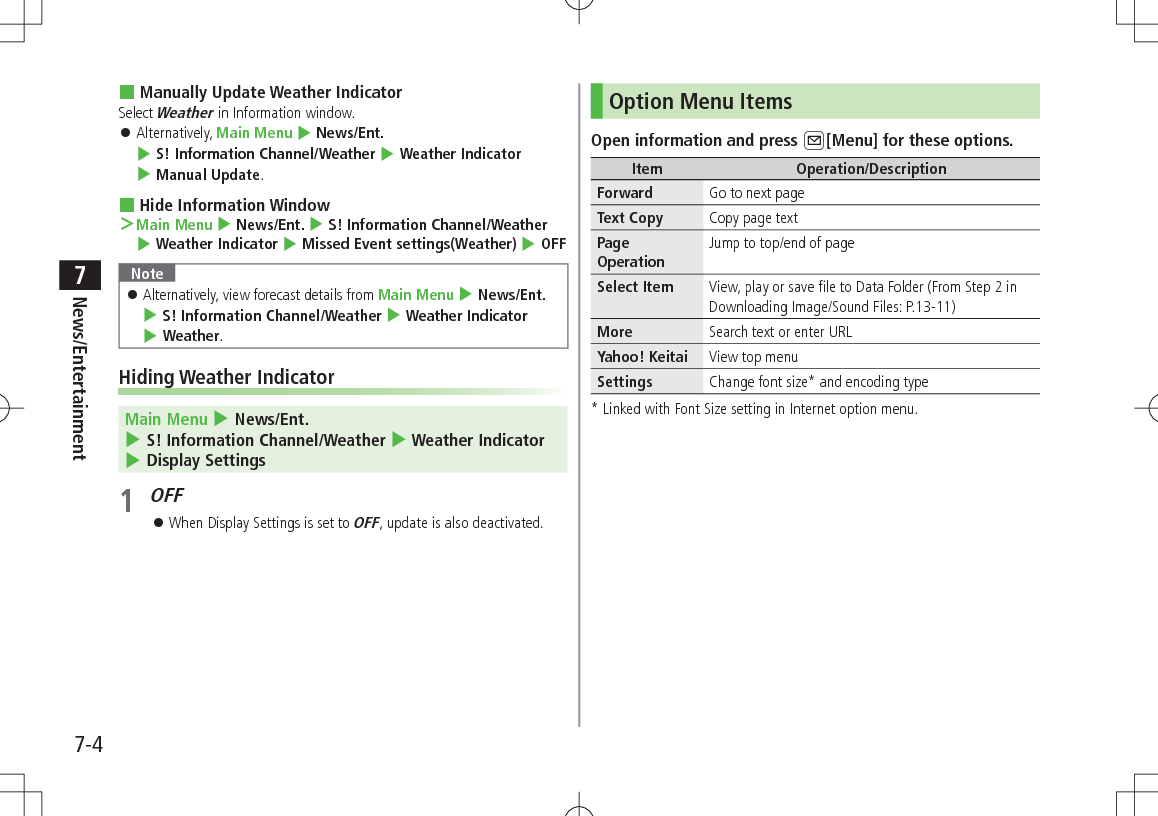 7-4News/Entertainment7 Manually Update Weather IndicatorSelect Weather in Information window. 󱛠Alternatively, Main Menu 4 News/Ent. 4 S! Information Channel/Weather 4 Weather Indicator 4 Manual Update. Hide Information Window ＞Main Menu 4 News/Ent. 4 S! Information Channel/Weather 4 Weather Indicator 4 Missed Event settings(Weather) 4 OFFNote 󱛠Alternatively, view forecast details from Main Menu 4 News/Ent. 4 S! Information Channel/Weather 4 Weather Indicator 4 Weather.Hiding Weather IndicatorMain Menu 4 News/Ent. 4 S! Information Channel/Weather 4 Weather Indicator 4 Display Settings1 OFF 󱛠When Display Settings is set to OFF, update is also deactivated.Option Menu ItemsOpen information and press A[Menu] for these options.Item Operation/DescriptionForward Go to next pageText Copy Copy page textPage OperationJump to top/end of pageSelect Item View, play or save file to Data Folder (From Step 2 in Downloading Image/Sound Files: P.13-11)More Search text or enter URLYahoo! Keitai View top menuSettings Change font size* and encoding type*  Linked with Font Size setting in Internet option menu.