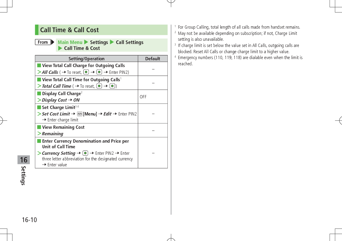 Settings16-1016Call Time &amp; Call CostFrom Main Menu 4 Settings 4 Call Settings 4 Call Time &amp; CostSetting/Operation Default ■View Total Call Charge for Outgoing Calls ＞All Calls ( 7 To reset,   7   7 Enter PIN2) – ■View Total Call Time for Outgoing Calls1 ＞Total Call Time ( 7 To reset,   7  ) – ■Display Call Charge2 ＞Display Cost 7 ONOFF ■Set Charge Limit3 4 ＞Set Cost Limit 7 A[Menu] 7 Edit 7 Enter PIN2 7 Enter charge limit– ■View Remaining Cost ＞Remaining– ■Enter Currency Denomination and Price per Unit of Call Time ＞Currency Setting 7   7 Enter PIN2 7 Enter three letter abbreviation for the designated currency 7 Enter value–1   For Group Calling, total length of all calls made from handset remains.2   May not be available depending on subscription; if not, Charge Limit setting is also unavailable.3   If charge limit is set below the value set in All Calls, outgoing calls are blocked. Reset All Calls or change charge limit to a higher value.4   Emergency numbers (110, 119, 118) are dialable even when the limit is reached.