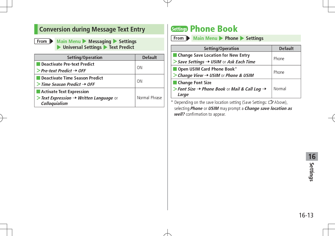 Settings16-1316Conversion during Message Text EntryFrom Main Menu 4 Messaging 4 Settings 4 Universal Settings 4 Text PredictSetting/Operation Default ■Deactivate Pre-text Predict ＞Pre-text Predict 7 OFFON ■Deactivate Time Season Predict ＞Time Season Predict 7 OFFON ■Activate Text Expression ＞Text Expression 7 Written Language or ColloquialismNormal PhraseSettingsPhone BookFrom Main Menu 4 Phone 4 SettingsSetting/Operation Default ■Change Save Location for New Entry ＞Save Settings 7 USIM or Ask Each TimePhone ■Open USIM Card Phone Book* ＞Change View 7 USIM or Phone &amp; USIMPhone ■Change Font Size ＞Font Size 7 Phone Book or Mail &amp; Call Log 7 LargeNormal*  Depending on the save location setting (Save Settings: ZAbove), selecting Phone or USIM may prompt a Change save location as well? confirmation to appear.