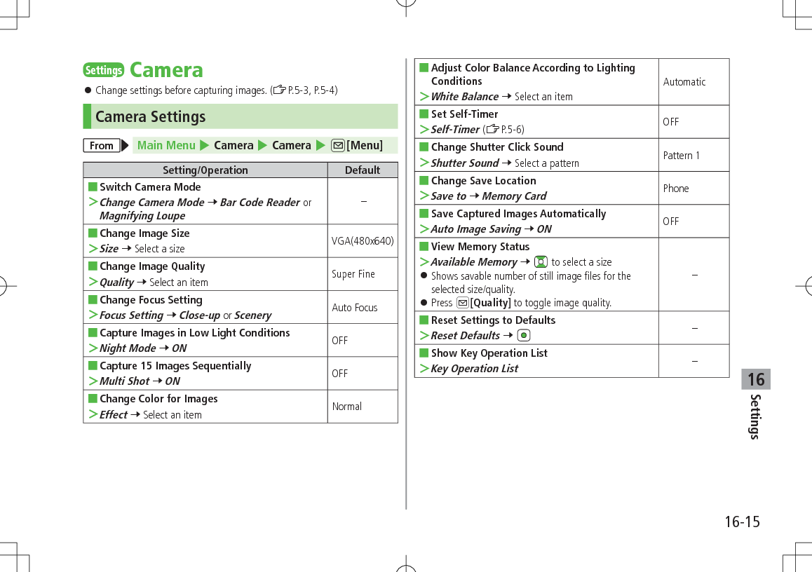 Settings16-1516SettingsCamera 󱛠Change settings before capturing images. (ZP.5-3, P.5-4)Camera SettingsFrom Main Menu 4 Camera 4 Camera 4 A[Menu]Setting/Operation Default ■Switch Camera Mode ＞Change Camera Mode 7 Bar Code Reader or Magnifying Loupe– ■Change Image Size ＞Size 7 Select a size VGA(480x640) ■Change Image Quality ＞Quality 7 Select an item Super Fine ■Change Focus Setting ＞Focus Setting 7 Close-up or SceneryAuto Focus ■Capture Images in Low Light Conditions ＞Night Mode 7 ONOFF ■Capture 15 Images Sequentially ＞Multi Shot 7 ONOFF ■Change Color for Images ＞Effect 7 Select an item Normal ■Adjust Color Balance According to Lighting Conditions ＞White Balance 7 Select an itemAutomatic ■Set Self-Timer ＞Self-Timer (ZP.5-6) OFF ■Change Shutter Click Sound ＞Shutter Sound 7 Select a pattern Pattern 1 ■Change Save Location ＞Save to 7 Memory CardPhone ■Save Captured Images Automatically ＞Auto Image Saving 7 ONOFF ■View Memory Status ＞Available Memory 7   to select a size 󱛠Shows savable number of still image files for the selected size/quality. 󱛠Press A[Quality] to toggle image quality.– ■Reset Settings to Defaults ＞Reset Defaults 7 – ■Show Key Operation List ＞Key Operation List–