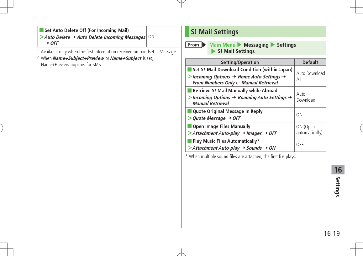 Settings16-1916 ■Set Auto Delete Off (For Incoming Mail) ＞Auto Delete 7 Auto Delete Incoming Messages 7 OFFON1   Available only when the first information received on handset is Message.2   When Name+Subject+Preview or Name+Subject is set, Name+Preview appears for SMS.S! Mail SettingsFrom Main Menu 4 Messaging 4 Settings 4 S! Mail SettingsSetting/Operation Default ■Set S! Mail Download Condition (within Japan) ＞Incoming Options 7 Home Auto Settings 7 From Numbers Only or Manual RetrievalAuto Download All ■Retrieve S! Mail Manually while Abroad ＞Incoming Options 7 Roaming Auto Settings 7 Manual RetrievalAuto Download ■Quote Original Message in Reply ＞Quote Message 7 OFFON ■Open Image Files Manually ＞Attachment Auto-play 7 Images 7 OFFON (Open automatically) ■Play Music Files Automatically* ＞Attachment Auto-play 7 Sounds 7 ONOFF* When multiple sound files are attached, the first file plays.