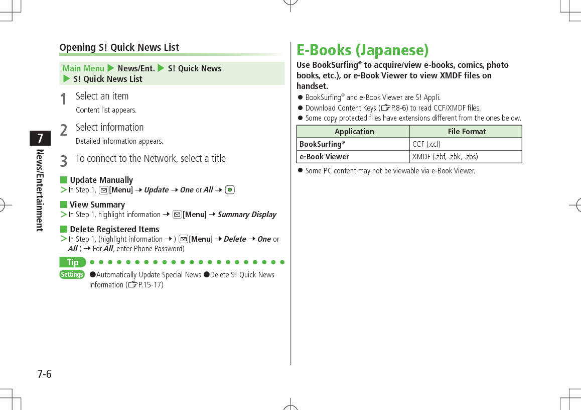 7-6News/Entertainment7Opening S! Quick News ListMain Menu 4 News/Ent. 4 S! Quick News 4 S! Quick News List1  Select an itemContent list appears.2  Select informationDetailed information appears.3  To connect to the Network, select a title Update Manually ＞In Step 1, A[Menu] 7 Update 7 One or All 7  View Summary ＞In Step 1, highlight information 7 A[Menu] 7 Summary Display Delete Registered Items ＞In Step 1, (highlight information 7 ) A[Menu] 7 Delete 7 One or All ( 7 For All, enter Phone Password)TipSettings   #Automatically Update Special News #Delete S! Quick News Information (ZP.15-17)E-Books (Japanese)Use BookSurfing® to acquire/view e-books, comics, photo books, etc.), or e-Book Viewer to view XMDF files on handset. 󱛠BookSurfing® and e-Book Viewer are S! Appli. 󱛠Download Content Keys (ZP.8-6) to read CCF/XMDF files. 󱛠Some copy protected files have extensions different from the ones below.Application File FormatBookSurfing®CCF (.ccf)e-Book Viewer XMDF (.zbf, .zbk, .zbs) 󱛠Some PC content may not be viewable via e-Book Viewer.