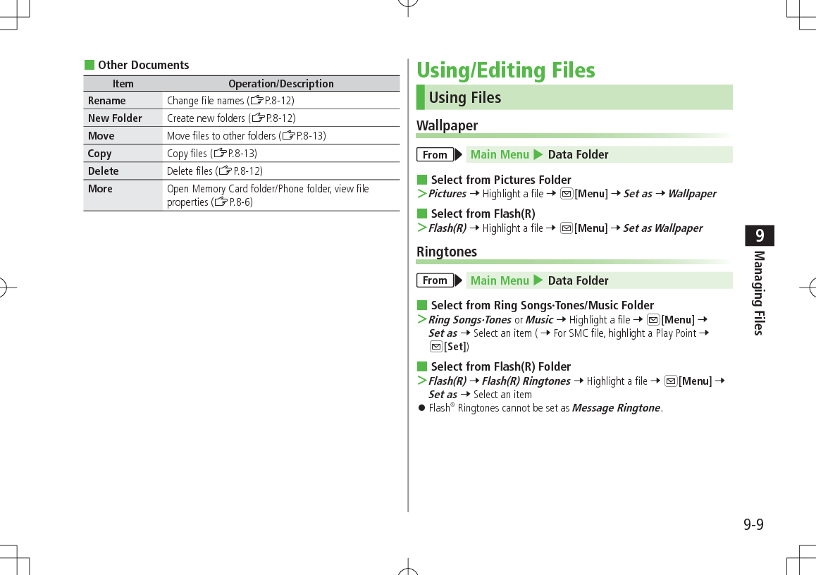 9-9Managing Files9 Other DocumentsItem Operation/DescriptionRename Change file names (ZP.8-12)New Folder Create new folders (ZP.8-12)Move Move files to other folders (ZP.8-13)Copy Copy files (ZP.8-13)Delete Delete files (ZP.8-12)More Open Memory Card folder/Phone folder, view file properties (ZP.8-6)Using/Editing FilesUsing FilesWallpaperFrom Main Menu 4 Data Folder Select from Pictures Folder ＞Pictures 7 Highlight a file 7 A[Menu] 7 Set as 7 Wallpaper Select from Flash(R) ＞Flash(R) 7 Highlight a file 7 A[Menu] 7 Set as WallpaperRingtonesFrom Main Menu 4 Data Folder Select from Ring Songs·Tones/Music Folder ＞Ring Songs·Tones or Music 7 Highlight a file 7 A[Menu] 7 Set as 7 Select an item ( 7 For SMC file, highlight a Play Point 7 A[Set]) Select from Flash(R) Folder ＞Flash(R) 7 Flash(R) Ringtones 7 Highlight a file 7 A[Menu] 7 Set as 7 Select an item 󱛠Flash® Ringtones cannot be set as Message Ringtone.