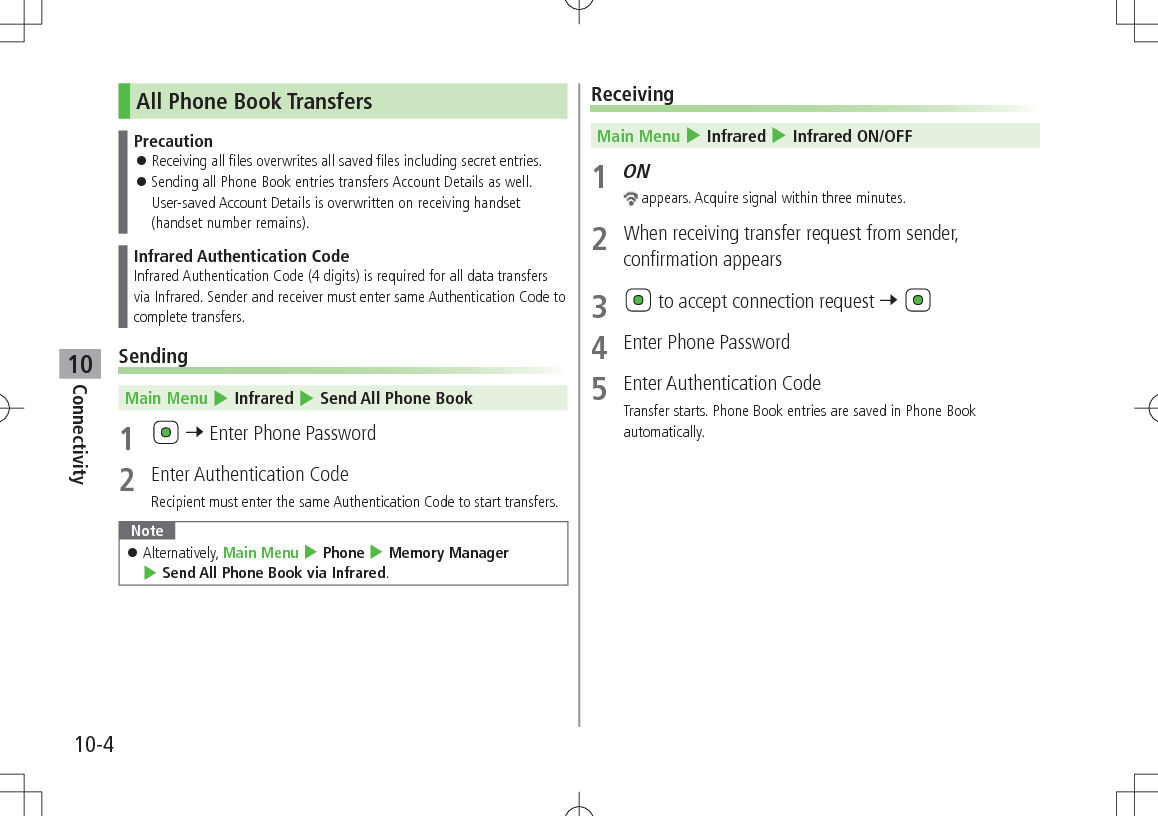 10-4Connectivity10All Phone Book TransfersPrecaution 󱛠Receiving all files overwrites all saved files including secret entries. 󱛠Sending all Phone Book entries transfers Account Details as well. User-saved Account Details is overwritten on receiving handset (handset number remains).Infrared Authentication CodeInfrared Authentication Code (4 digits) is required for all data transfers via Infrared. Sender and receiver must enter same Authentication Code to complete transfers.Sending Main Menu 4 Infrared 4 Send All Phone Book1   7 Enter Phone Password2  Enter Authentication CodeRecipient must enter the same Authentication Code to start transfers.Note 󱛠Alternatively, Main Menu 4 Phone 4 Memory Manager 4 Send All Phone Book via Infrared.Receiving Main Menu 4 Infrared 4 Infrared ON/OFF1 ON appears. Acquire signal within three minutes.2  When receiving transfer request from sender, confirmation appears3   to accept connection request 7 4  Enter Phone Password5  Enter Authentication CodeTransfer starts. Phone Book entries are saved in Phone Book automatically.