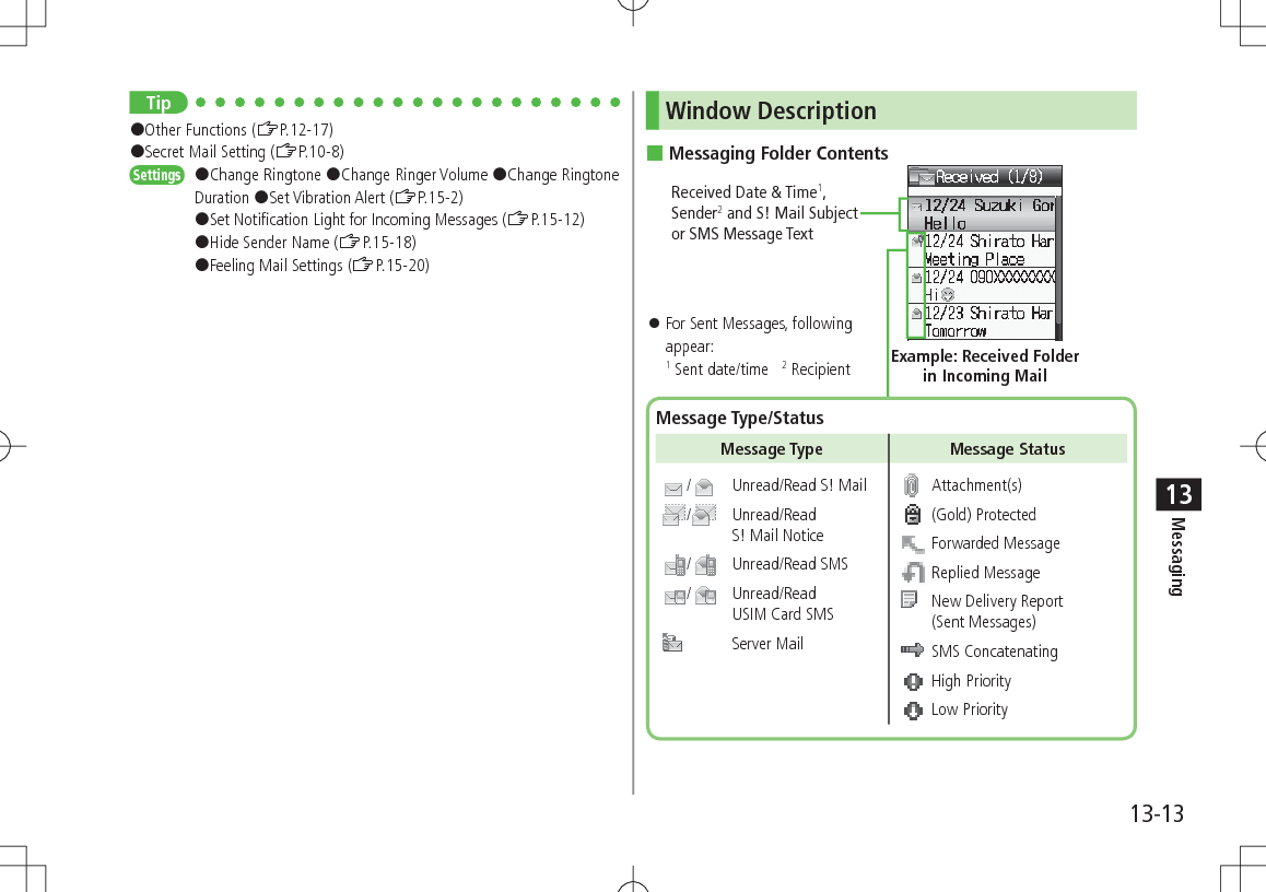 13-13Messaging13Tip#Other Functions (ZP.12-17)#Secret Mail Setting (ZP.10-8)Settings   #Change Ringtone #Change Ringer Volume #Change Ringtone Duration #Set Vibration Alert (ZP.15-2) #Set Notification Light for Incoming Messages (ZP.15-12)#Hide Sender Name (ZP.15-18)#Feeling Mail Settings (ZP.15-20)Window Description Messaging Folder ContentsReceived Date &amp; Time1, Sender2 and S! Mail Subject or SMS Message TextExample: Received Folder  in Incoming MailMessage Type/StatusMessage Type Message Status/   Unread/Read S! Mail/    Unread/Read S! Mail Notice/   Unread/Read SMS/    Unread/Read USIM Card SMS    Server Mail  Attachment(s) (Gold) Protected Forwarded Message Replied Message   New Delivery Report (Sent Messages) SMS Concatenating High Priority Low Priority 󱛠For Sent Messages, following appear: 1 Sent date/time   2 Recipient