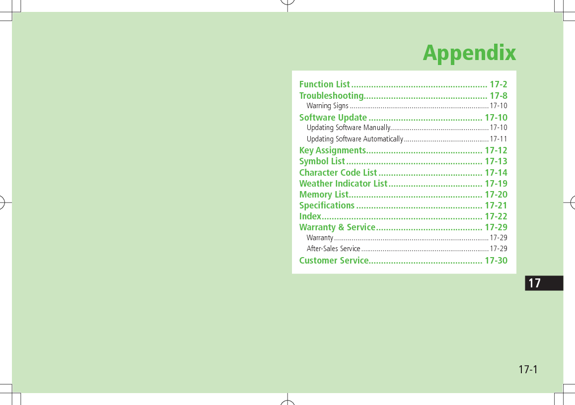 17-117AppendixFunction List ....................................................... 17-2Troubleshooting .................................................. 17-8Warning Signs ........................................................................17-10Software Update .............................................. 17-10Updating Software Manually ...................................................17-10Updating Software Automatically ............................................17-11Key Assignments ............................................... 17-12Symbol List ....................................................... 17-13Character Code List .......................................... 17-14Weather Indicator List ...................................... 17-19Memory List ...................................................... 17-20Specifications ................................................... 17-21Index ................................................................. 17-22Warranty &amp; Service ........................................... 17-29Warranty ................................................................................17-29After-Sales Service ..................................................................17-29Customer Service.............................................. 17-30