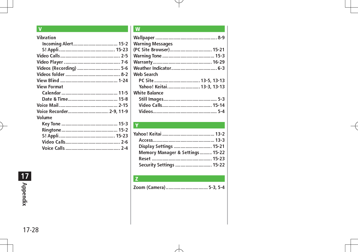 17-28Appendix17VVibrationIncoming Alert .................................. 15-2S! Appli ........................................... 15-23Video Calls .............................................. 2-5Video Player ........................................... 7-6Videos (Recording) ................................. 5-6Videos folder .......................................... 8-2View Blind ............................................ 1-24View FormatCalendar ........................................... 11-5Date &amp; Time ...................................... 15-8Voice Mail ............................................. 2-15Voice Recorder............................... 2-9, 11-9VolumeKey Tone ........................................... 15-3Ringtone ........................................... 15-2S! Appli ........................................... 15-23Video Calls.......................................... 2-6Voice Calls .......................................... 2-4WWallpaper ............................................... 8-9Warning Messages  (PC Site Browser) ................................ 15-21Warning Tone ........................................ 15-3Warranty ............................................. 16-29Weather Indicator ................................... 6-3Web SearchPC Site ................................... 13-5, 13-13Yahoo! Keitai ......................... 13-3, 13-13White BalanceStill Images......................................... 5-3Video Calls...................................... 15-14Videos ................................................. 5-4YYahoo! Keitai ........................................ 13-2Access ............................................... 13-3Display Settings ............................. 15-21Memory Manager &amp; Settings ......... 15-22Reset .............................................. 15-23Security Settings ............................ 15-22ZZoom (Camera) ................................ 5-3, 5-4