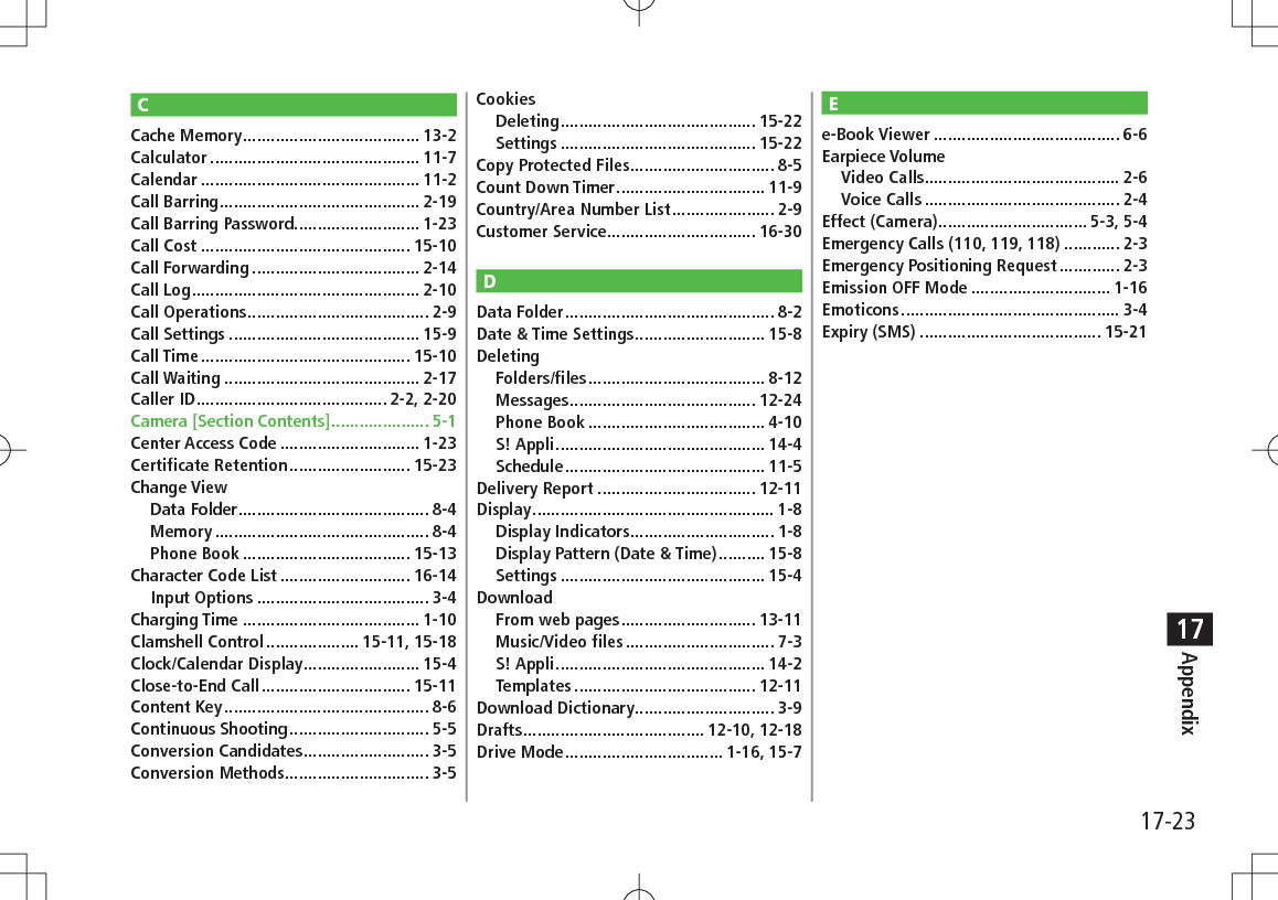 17-23Appendix17CCache Memory ...................................... 13-2Calculator ............................................. 11-7Calendar ............................................... 11-2Call Barring ........................................... 2-19Call Barring Password........................... 1-23Call Cost ............................................. 15-10Call Forwarding .................................... 2-14Call Log ................................................. 2-10Call Operations ....................................... 2-9Call Settings ......................................... 15-9Call Time ............................................. 15-10Call Waiting .......................................... 2-17Caller ID ......................................... 2-2, 2-20Camera [Section Contents] ..................... 5-1Center Access Code .............................. 1-23Certificate Retention .......................... 15-23Change ViewData Folder ......................................... 8-4Memory .............................................. 8-4Phone Book .................................... 15-13Character Code List ............................ 16-14Input Options ..................................... 3-4Charging Time ...................................... 1-10Clamshell Control .................... 15-11, 15-18Clock/Calendar Display ......................... 15-4Close-to-End Call ................................ 15-11Content Key ............................................ 8-6Continuous Shooting .............................. 5-5Conversion Candidates ........................... 3-5Conversion Methods............................... 3-5CookiesDeleting .......................................... 15-22Settings .......................................... 15-22Copy Protected Files ............................... 8-5Count Down Timer ................................ 11-9Country/Area Number List ...................... 2-9Customer Service................................ 16-30DData Folder ............................................. 8-2Date &amp; Time Settings ............................ 15-8DeletingFolders/files ...................................... 8-12Messages ........................................ 12-24Phone Book ...................................... 4-10S! Appli ............................................. 14-4Schedule ........................................... 11-5Delivery Report .................................. 12-11Display .................................................... 1-8Display Indicators ............................... 1-8Display Pattern (Date &amp; Time) .......... 15-8Settings ............................................ 15-4DownloadFrom web pages ............................. 13-11Music/Video files ................................ 7-3S! Appli ............................................. 14-2Templates ....................................... 12-11Download Dictionary .............................. 3-9Drafts ....................................... 12-10, 12-18Drive Mode .................................. 1-16, 15-7Ee-Book Viewer ........................................ 6-6Earpiece VolumeVideo Calls.......................................... 2-6Voice Calls .......................................... 2-4Effect (Camera) ................................ 5-3, 5-4Emergency Calls (110, 119, 118) ............ 2-3Emergency Positioning Request ............. 2-3Emission OFF Mode .............................. 1-16Emoticons ............................................... 3-4Expiry (SMS) ....................................... 15-21