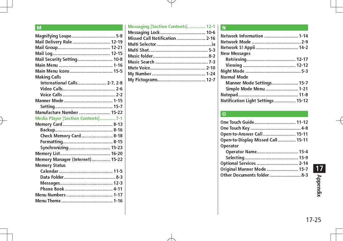 17-25Appendix17MMagnifying Loupe................................... 5-8Mail Delivery Rule .............................. 12-19Mail Group .......................................... 12-21Mail Log .............................................. 12-15Mail Security Setting ............................ 10-8Main Menu ........................................... 1-16Main Menu Icons .................................. 15-5Making CallsInternational Calls ....................... 2-7, 2-8Video Calls.......................................... 2-6Voice Calls .......................................... 2-2Manner Mode ....................................... 1-15Setting .............................................. 15-7Manufacture Number ......................... 15-22Media Player [Section Contents] ............ 7-1Memory Card ........................................ 8-13Backup .............................................. 8-16Check Memory Card ......................... 8-18Formatting ........................................ 8-15Synchronizing ................................. 15-23Memory List ........................................ 16-20Memory Manager (Internet) ............... 15-22Memory StatusCalendar ........................................... 11-5Data Folder ......................................... 8-3Messages .......................................... 12-3Phone Book ...................................... 4-11Menu Numbers ..................................... 1-17Menu Theme ......................................... 1-16Messaging [Section Contents] .............. 12-1Messaging Lock .................................... 10-6Missed Call Notification ....................... 2-16Multi Selector ............................................ixMulti Shot ............................................... 5-3Music folder............................................ 8-2Music Search .......................................... 7-3Mute Voice ............................................ 2-10My Number ........................................... 1-24My Pictograms ...................................... 12-7NNetwork Information ........................... 1-14Network Mode ....................................... 2-9Network S! Appli .................................. 14-2New MessagesRetrieving ....................................... 12-17Viewing .......................................... 12-12Night Mode ............................................ 5-3Normal ModeManner Mode Settings ..................... 15-7Simple Mode Menu .......................... 1-21Notepad ................................................ 11-8Notification Light Settings ................. 15-12OOne Touch Guide ................................. 11-12One Touch Key ........................................ 4-8Open-to-Answer Call .......................... 15-11Open-to-Display Missed Call .............. 15-11OperatorOperator Name................................. 15-4Selecting........................................... 15-9Optional Services ................................. 2-14Original Manner Mode ......................... 15-7Other Documents folder ......................... 8-3