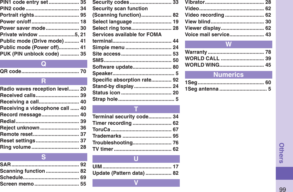 99OthersPIN1 code entry set ..................... 35PIN2 code ..................................... 34Portrait rights ............................... 95Power on/off ................................. 18Power saver mode ....................... 30Private window .........................5, 21Public mode (Drive mode) .......... 41Public mode (Power off) .............. 41PUK (PIN unblock code) ............. 35QQR code ........................................ 70RRadio waves reception level ....... 20Received calls .............................. 39Receiving a call ............................ 40Receiving a videophone call ...... 40Record message .......................... 40Redial ............................................ 39Reject unknown ........................... 36Remote reset ................................ 37Reset settings .............................. 37Ring volume ................................. 28SSAR ............................................... 92Scanning function ....................... 82Schedule ....................................... 69Screen memo ............................... 55Security codes ............................. 33Security scan function (Scanning function) ..................... 82Select language ........................... 19Select ring tone ............................ 28Services available for FOMA terminal ......................................... 44Simple menu ................................ 24Site access ................................... 53SMS ............................................... 50Software update ........................... 80Speaker ........................................... 5Speciﬁc absorption rate .............. 92Stand-by display .......................... 24Status icon ................................... 20Strap hole ....................................... 5TTerminal security code ................ 34Timer recording ........................... 62ToruCa .......................................... 67Trademarks .................................. 95Troubleshooting ........................... 76TV timer ........................................ 62UUIM ................................................ 17Update (Pattern data) .................. 82VVibrator ......................................... 28Video ............................................. 62Video recording ........................... 62View blind ..................................... 30Viewer display .............................. 62Voice mail service ........................ 43WWarranty ....................................... 78WORLD CALL .............................. 39WORLD WING............................... 45Numerics1Seg .............................................. 601Seg antenna ................................. 5