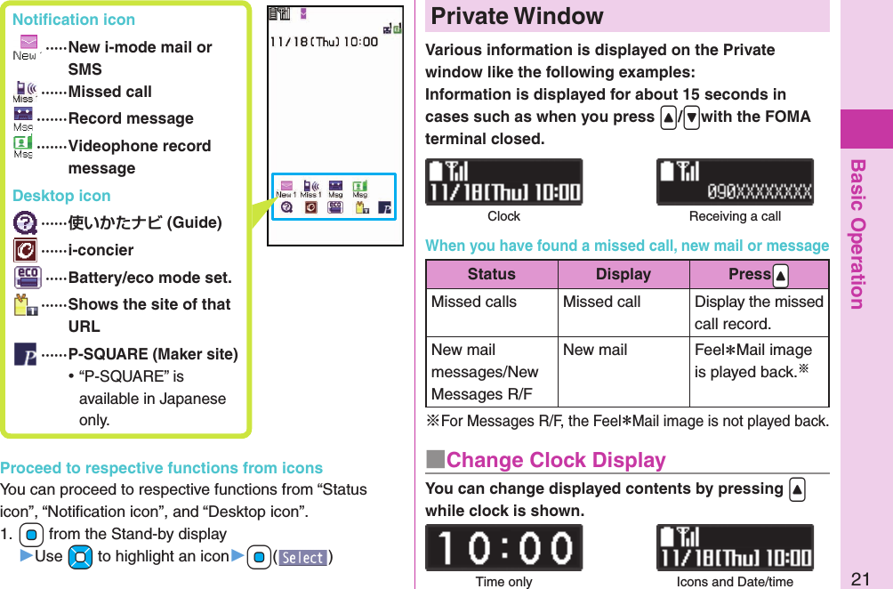 Basic Operation21 Notiﬁ cation icon ····· New i-mode mail or SMS ······Missed call ·······Record message ······· Videophone record message Desktop icon ······ (Guide) ······i-concier ·····Battery/eco mode set. ······ Shows the site of that URL ······P-SQUARE (Maker site) ⿠“P-SQUARE” is available in Japanese only.Proceed to respective functions from iconsYou can proceed to respective functions from “Status icon”, “Notiﬁ cation icon”, and “Desktop icon”.1. +Oo from the Stand-by display▶Use +Mo to highlight an icon▶+Oo()Various information is displayed on the Private window like the following examples:Information is displayed for about 15 seconds in cases such as when you press .&lt;/.&gt;with the FOMA terminal closed.  Private WindowClock Receiving a callYou can change displayed contents by pressing .&lt; while clock is shown.■Change Clock DisplayTime only Icons and Date/timeWhen you have found a missed call, new mail or messageStatus Display Press.&lt;Missed calls Missed call Display the missed call record.New mail messages/New Messages R/FNew mail Feel＊Mail image is played back.※※For Messages R/F, the Feel＊Mail image is not played back.