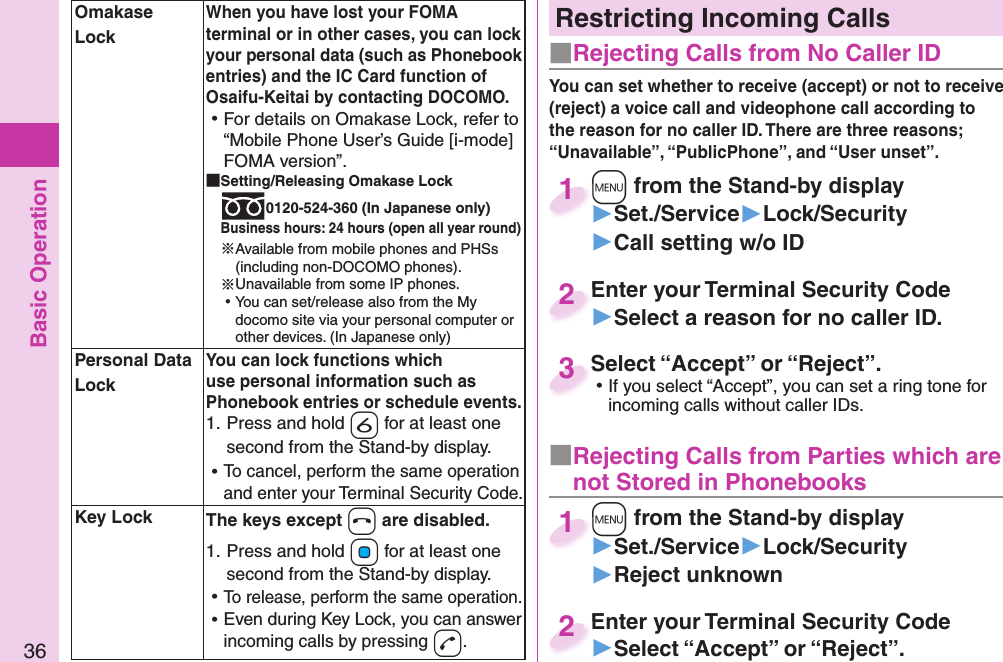 Basic Operation36Restricting Incoming Calls■ Rejecting Calls from No Caller ID■ Rejecting Calls from Parties which are not Stored in PhonebooksYou can set whether to receive (accept) or not to receive (reject) a voice call and videophone call according to the reason for no caller ID. There are three reasons; “Unavailable”, “PublicPhone”, and “User unset”.+m from the Stand-by display▶Set./Service▶Lock/Security▶Call setting w/o ID+m+1+m from the Stand-by display▶Set./Service▶Lock/Security▶Reject unknown+m+1Enter your Terminal Security Code▶Select a reason for no caller ID.Enter your Terminal Security Code2Enter your Terminal Security Code▶Select “Accept” or “Reject”.Enter your Terminal Security Code2Select “Accept” or “Reject”. ⿠If you select “Accept”, you can set a ring tone for incoming calls without caller IDs.Select “Accept” or “Reject”.3  Omakase LockWhen you have lost your FOMA terminal or in other cases, you can lock your personal data (such as Phonebook entries) and the IC Card function of Osaifu-Keitai by contacting DOCOMO. ⿠For details on Omakase Lock, refer to “Mobile Phone User’s Guide [i-mode] FOMA version”. Setting/Releasing Omakase Lock0120-524-360 (In Japanese only)Business hours: 24 hours (open all year round)※Available from mobile phones and PHSs (including non-DOCOMO phones).※Unavailable from some IP phones. ⿠You can set/release also from the My docomo site via your personal computer or other devices. (In Japanese only) Personal Data LockYou can lock functions which use personal information such as Phonebook entries or schedule events.1. Press and hold -6 for at least one second from the Stand-by display. ⿠To cancel, perform the same operation and enter your Terminal Security Code.  Key Lock The keys except -h are disabled.1. Press and hold +Oo for at least one second from the Stand-by display. ⿠To release, perform the same operation. ⿠Even during Key Lock, you can answer incoming calls by pressing -d.