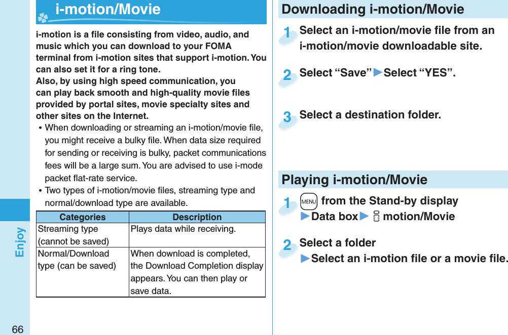 66Enjoyi-motion is a ﬁ le consisting from video, audio, and music which you can download to your FOMA terminal from i-motion sites that support i-motion. You can also set it for a ring tone.Also, by using high speed communication, you can play back smooth and high-quality movie ﬁ les provided by portal sites, movie specialty sites and other sites on the Internet. ⿠When downloading or streaming an i-motion/movie ﬁ le, you might receive a bulky ﬁ le. When data size required for sending or receiving is bulky, packet communications fees will be a large sum. You are advised to use i-mode packet ﬂ at-rate service. ⿠Two types of i-motion/movie ﬁ les, streaming type and normal/download type are available.Categories DescriptionStreaming type (cannot be saved)Plays data while receiving. Normal/Download type (can be saved)When download is completed, the Download Completion display appears. You can then play or save data. Playing  i-motion/ Movie+m from the Stand-by display▶Data box▶imotion/Movie+m+1Select a folder▶Select an i-motion ﬁ le or a movie ﬁ le.Select a folder2  i-motion/ Movie Downloading i-motion/MovieSelect an i-motion/movie ﬁ le from an i-motion/movie downloadable site.Select an i-motion/movie ﬁ le from an i-motion/movie downloadable site.1Select “Save”▶Select “YES”.Select “Save”2Select a destination folder.Select a destination folder.3