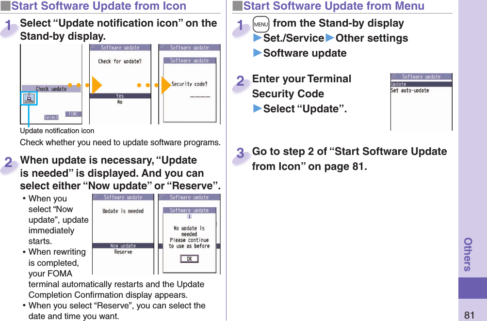 81Others■ Start Software Update from Icon When update is necessary, “Update is needed” is displayed. And you can select either “Now update” or “Reserve”. ⿠When you select “Now update”, update immediately starts. ⿠When rewriting is completed, your FOMA terminal automatically restarts and the Update Completion Conﬁ rmation display appears. ⿠When you select “Reserve”, you can select the date and time you want. When update is necessary, “Update is needed” is displayed. And you can  2■Start Software Update from Menu+m from the Stand-by display▶Set./Service▶Other settings▶Software update+m+1Enter your Terminal Security Code▶Select “Update”.Enter your Terminal Security Code2Select “Update notiﬁ cation icon” on the Stand-by display.Check whether you need to update software programs.Select “Update notiﬁ cation icon” on the Stand-by display.1Update notiﬁ cation iconGo to step 2 of “Start Software Update from Icon” on page 81.Go to step 2 of “Start Software Update from Icon” on page 81.3