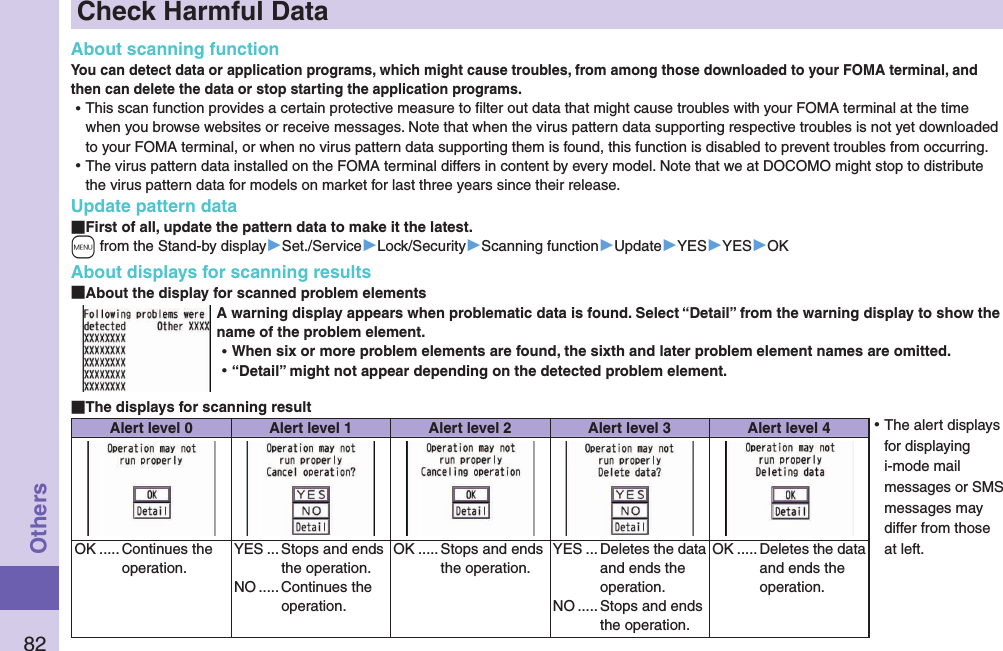 82OthersCheck Harmful DataAbout scanning functionYou can detect data or application programs, which might cause troubles, from among those downloaded to your FOMA terminal, and then can delete the data or stop starting the application programs. ⿠This scan function provides a certain protective measure to ﬁlter out data that might cause troubles with your FOMA terminal at the time when you browse websites or receive messages. Note that when the virus pattern data supporting respective troubles is not yet downloaded to your FOMA terminal, or when no virus pattern data supporting them is found, this function is disabled to prevent troubles from occurring. ⿠The virus pattern data installed on the FOMA terminal differs in content by every model. Note that we at DOCOMO might stop to distribute the virus pattern data for models on market for last three years since their release.Update pattern data First of all, update the pattern data to make it the latest.+m from the Stand-by display▶Set./Service▶Lock/Security▶Scanning function▶Update▶YES▶YES▶OKAbout displays for scanning results About the display for scanned problem elementsA warning display appears when problematic data is found. Select “Detail” from the warning display to show the name of the problem element. ⿠When six or more problem elements are found, the sixth and later problem element names are omitted. ⿠“Detail” might not appear depending on the detected problem element. The displays for scanning resultAlert level 0 Alert level 1 Alert level 2 Alert level 3 Alert level 4OK ..... Continues the operation.YES ... Stops and ends the operation.NO ..... Continues the operation.OK ..... Stops and ends the operation.YES ... Deletes the data and ends the operation.NO ..... Stops and ends the operation.OK ..... Deletes the data and ends the operation. ⿠The alert displays for displaying i-mode mail messages or SMS messages may differ from those at left.