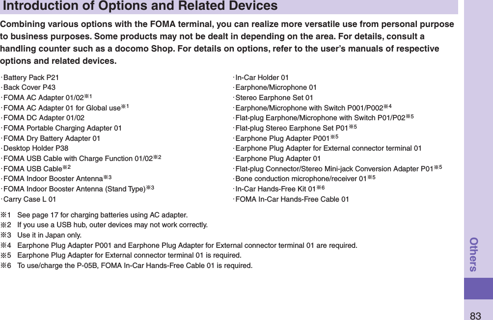 83OthersIntroduction of Options and Related DevicesCombining various options with the FOMA terminal, you can realize more versatile use from personal purpose to business purposes. Some products may not be dealt in depending on the area. For details, consult a handling counter such as a docomo Shop. For details on options, refer to the user’s manuals of respective options and related devices.・Battery Pack P21・Back Cover P43・FOMA AC Adapter 01/02※1・FOMA AC Adapter 01 for Global use※1・FOMA DC Adapter 01/02・FOMA Portable Charging Adapter 01・FOMA Dry Battery Adapter 01・Desktop Holder P38・FOMA USB Cable with Charge Function 01/02※2・FOMA USB Cable※2・FOMA Indoor Booster Antenna※3・FOMA Indoor Booster Antenna (Stand Type)※3・Carry Case L 01・In-Car Holder 01・Earphone/Microphone 01・Stereo Earphone Set 01・Earphone/Microphone with Switch P001/P002※4・Flat-plug Earphone/Microphone with Switch P01/P02※5・Flat-plug Stereo Earphone Set P01※5・Earphone Plug Adapter P001※5・Earphone Plug Adapter for External connector terminal 01・Earphone Plug Adapter 01・Flat-plug Connector/Stereo Mini-jack Conversion Adapter P01※5・Bone conduction microphone/receiver 01※5・In-Car Hands-Free Kit 01※6・FOMA In-Car Hands-Free Cable 01※1  See page 17 for charging batteries using AC adapter.※2  If you use a USB hub, outer devices may not work correctly.※3  Use it in Japan only.※4  Earphone Plug Adapter P001 and Earphone Plug Adapter for External connector terminal 01 are required.※5  Earphone Plug Adapter for External connector terminal 01 is required.※6  To use/charge the P-05B, FOMA In-Car Hands-Free Cable 01 is required.