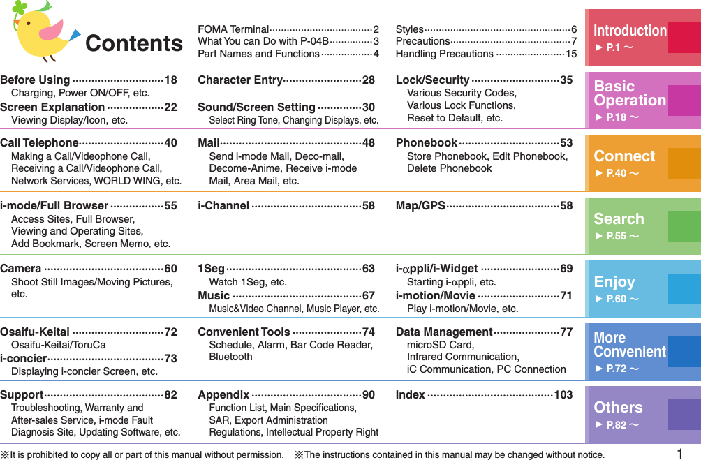 1 FOMA Terminal ····································2What You can Do with P-04B ···············3Part Names and Functions ··················4 Styles ···················································6Precautions ··········································7Handling Precautions ························15Introduction󱚤P.1 Before Using ·····························18Charging, Power ON/OFF, etc.Screen Explanation ··················22Viewing Display/Icon, etc.Character Entry·························28Sound/Screen Setting ··············30Select Ring Tone, Changing Displays, etc.Lock/Security ····························35Various Security Codes,  Various Lock Functions,  Reset to Default, etc.Basic Operation󱚤P.18 Call Telephone···························40Making a Call/Videophone Call, Receiving a Call/Videophone Call, Network Services, WORLD WING, etc.Mail ·············································48Send i-mode Mail, Deco-mail, Decome-Anime, Receive i-mode Mail, Area Mail, etc.Phonebook ································53Store Phonebook, Edit Phonebook, Delete Phonebook Connect󱚤P.40 i-mode/Full Browser ·················55Access Sites, Full Browser,  Viewing and Operating Sites, Add Bookmark, Screen Memo, etc.i-Channel ···································58 Map/GPS ····································58Search󱚤P.55 Camera ······································60Shoot Still Images/Moving Pictures, etc.1Seg ···········································63Watch 1Seg, etc.Music ·········································67Music&amp;Video Channel, Music Player, etc.i-αppli/i-Widget ·························69Starting i-αppli, etc.i-motion/Movie ··························71Play i-motion/Movie, etc.Enjoy󱚤P.60 Osaifu-Keitai ·····························72Osaifu-Keitai/ToruCai-concier ·····································73Displaying i-concier Screen, etc.Convenient Tools ······················74Schedule, Alarm, Bar Code Reader, BluetoothData Management ·····················77microSD Card,  Infrared Communication,  iC Communication, PC ConnectionMore  Convenient󱚤P.72 Support ······································82Troubleshooting, Warranty and  After-sales Service, i-mode Fault Diagnosis Site, Updating Software, etc.Appendix ···································90Function List, Main Speciﬁcations, SAR, Export Administration Regulations, Intellectual Property RightIndex ········································103Others󱚤P.82 ※It is prohibited to copy all or part of this manual without permission.    ※The instructions contained in this manual may be changed without notice.Contents