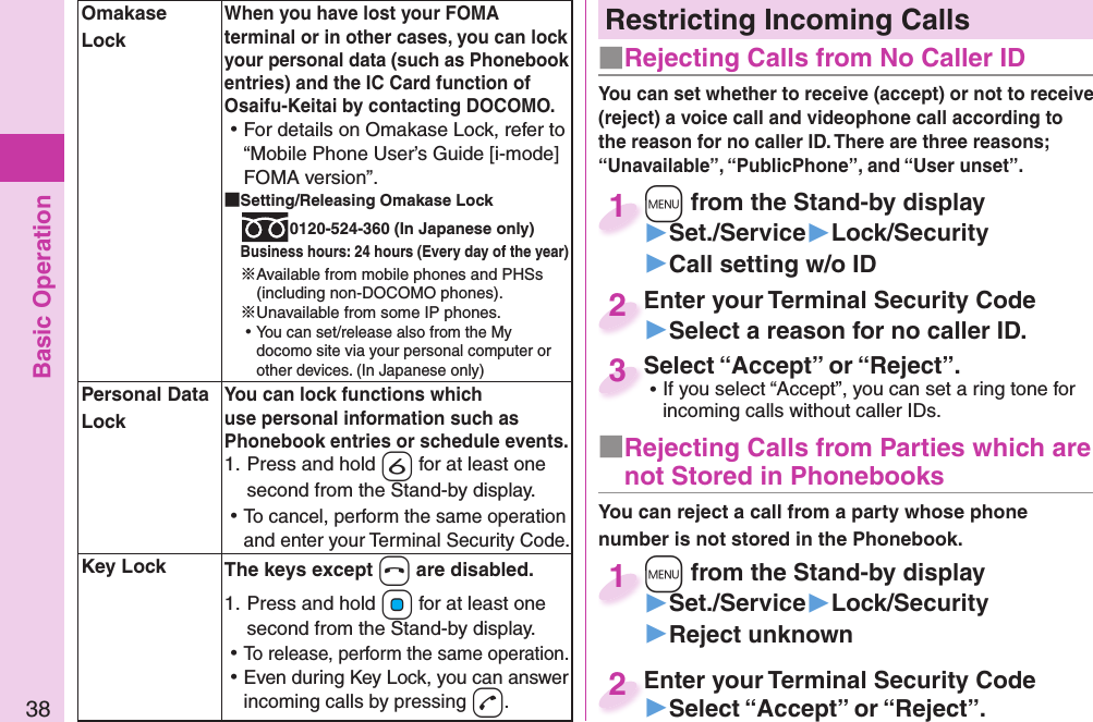 Basic Operation38Restricting Incoming Calls■ Rejecting Calls from No Caller ID■ Rejecting Calls from Parties which are not Stored in PhonebooksYou can set whether to receive (accept) or not to receive (reject) a voice call and videophone call according to the reason for no caller ID. There are three reasons; “Unavailable”, “PublicPhone”, and “User unset”.You can reject a call from a party whose phone number is not stored in the Phonebook.+m from the Stand-by display▶Set./Service▶Lock/Security▶Call setting w/o ID+m+1+m from the Stand-by display▶Set./Service▶Lock/Security▶Reject unknown+m+1Enter your Terminal Security Code▶Select a reason for no caller ID.Enter your Terminal Security Code2Enter your Terminal Security Code▶Select “Accept” or “Reject”.Enter your Terminal Security Code2Select “Accept” or “Reject”. ⿠If you select “Accept”, you can set a ring tone for incoming calls without caller IDs.Select “Accept” or “Reject”.3  Omakase LockWhen you have lost your FOMA terminal or in other cases, you can lock your personal data (such as Phonebook entries) and the IC Card function of Osaifu-Keitai by contacting DOCOMO. ⿠For details on Omakase Lock, refer to “Mobile Phone User’s Guide [i-mode] FOMA version”. Setting/Releasing Omakase Lock0120-524-360 (In Japanese only)Business hours: 24 hours (Every day of the year)※Available from mobile phones and PHSs (including non-DOCOMO phones).※Unavailable from some IP phones. ⿠You can set/release also from the My docomo site via your personal computer or other devices. (In Japanese only) Personal Data LockYou can lock functions which use personal information such as Phonebook entries or schedule events.1. Press and hold -6 for at least one second from the Stand-by display. ⿠To cancel, perform the same operation and enter your Terminal Security Code.  Key Lock The keys except -h are disabled.1. Press and hold +Oo for at least one second from the Stand-by display. ⿠To release, perform the same operation. ⿠Even during Key Lock, you can answer incoming calls by pressing -d.